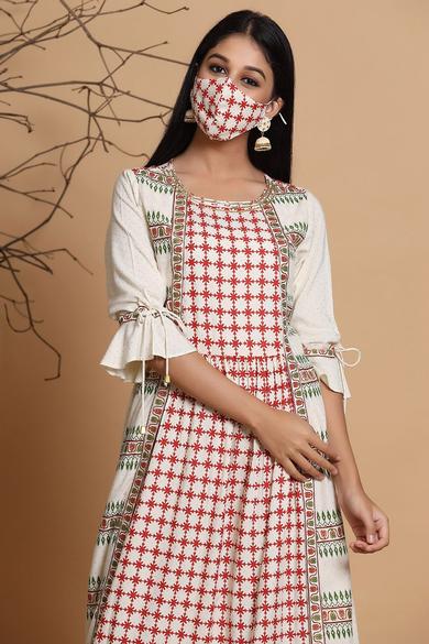 Ivory Rayon Printed A-Line Dress With Mask - Juniper