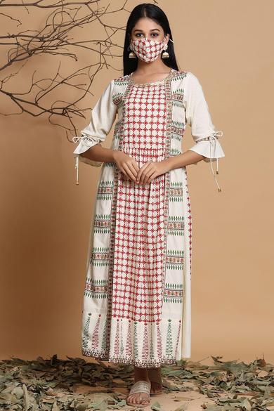 Ivory Rayon Printed A-Line Dress With Mask - Juniper