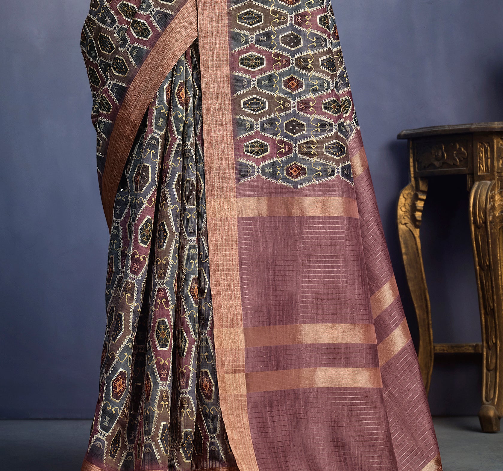 Women's Brown Tusser Silk Design Saree With Unstitched Blouse Piece - Navyaa