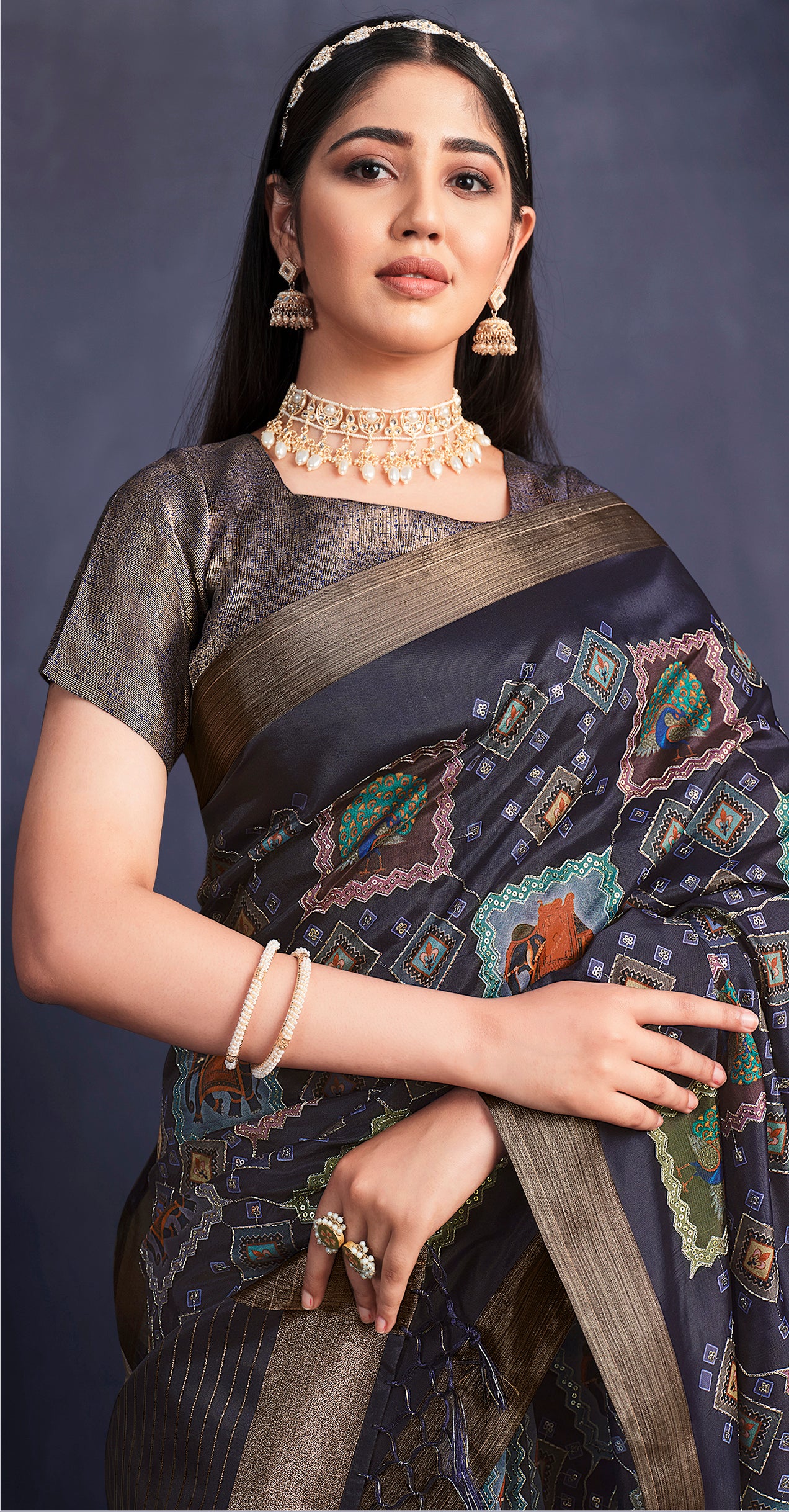 Women's Navy Blue Tusser Silk Design Saree With Unstitched Blouse Piece - Navyaa