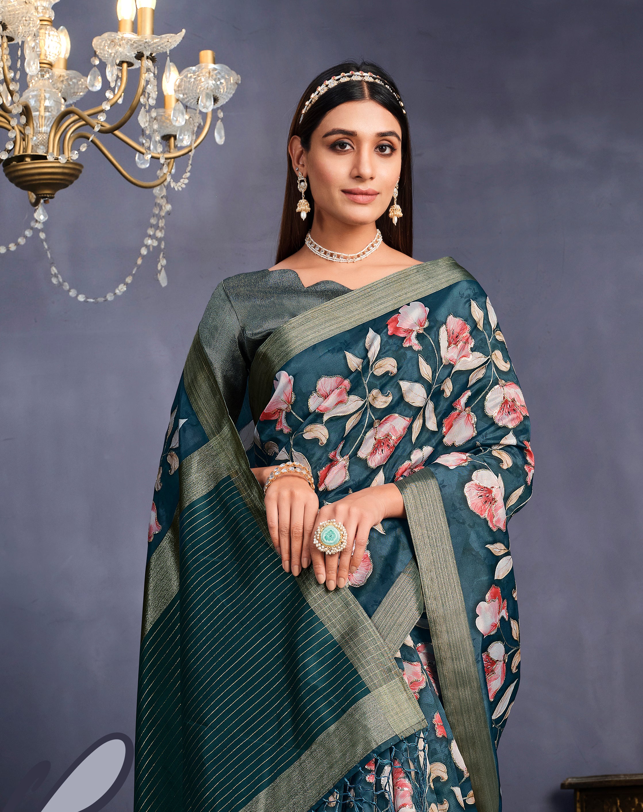 Women's Teal Tusser Silk Design Saree With Unstitched Blouse Piece - Navyaa