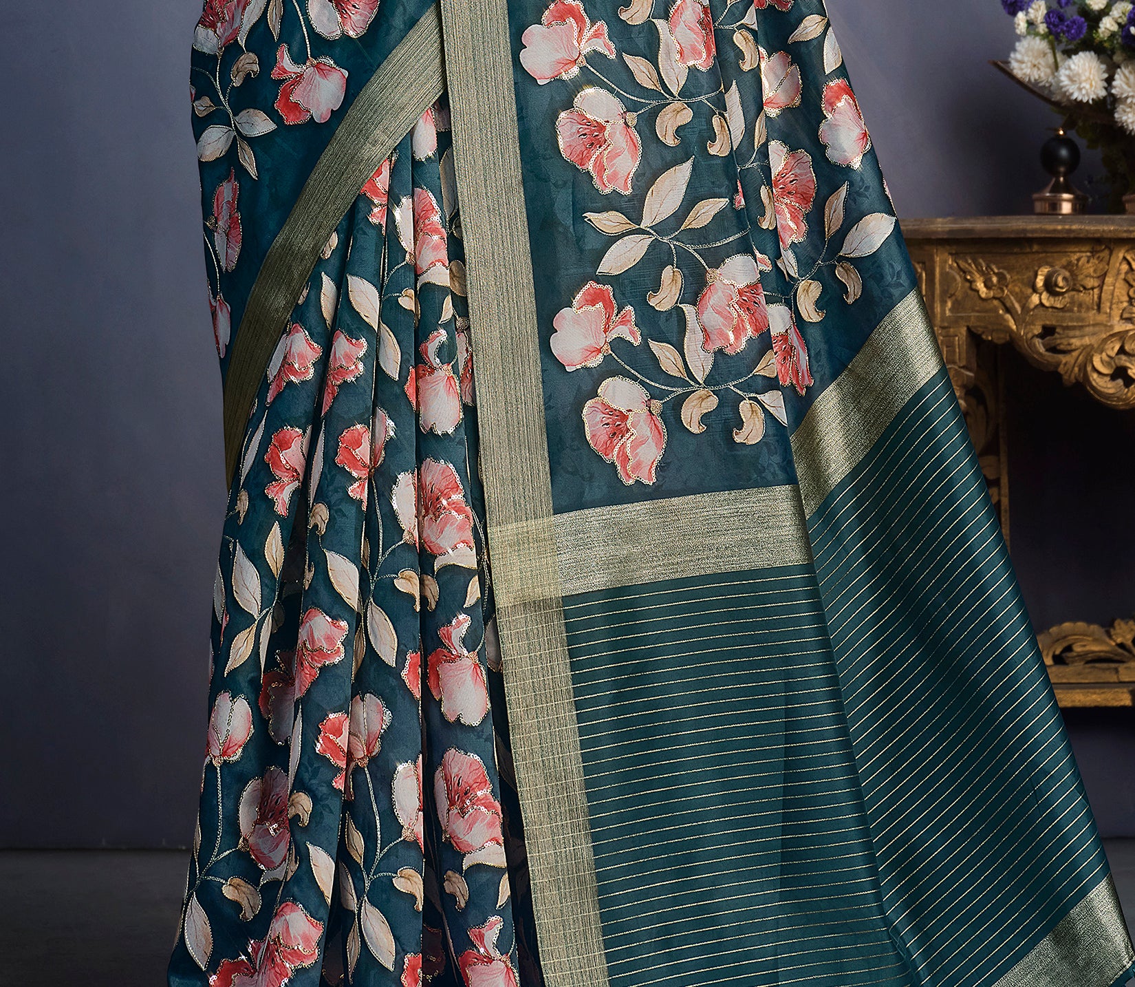 Women's Teal Tusser Silk Design Saree With Unstitched Blouse Piece - Navyaa