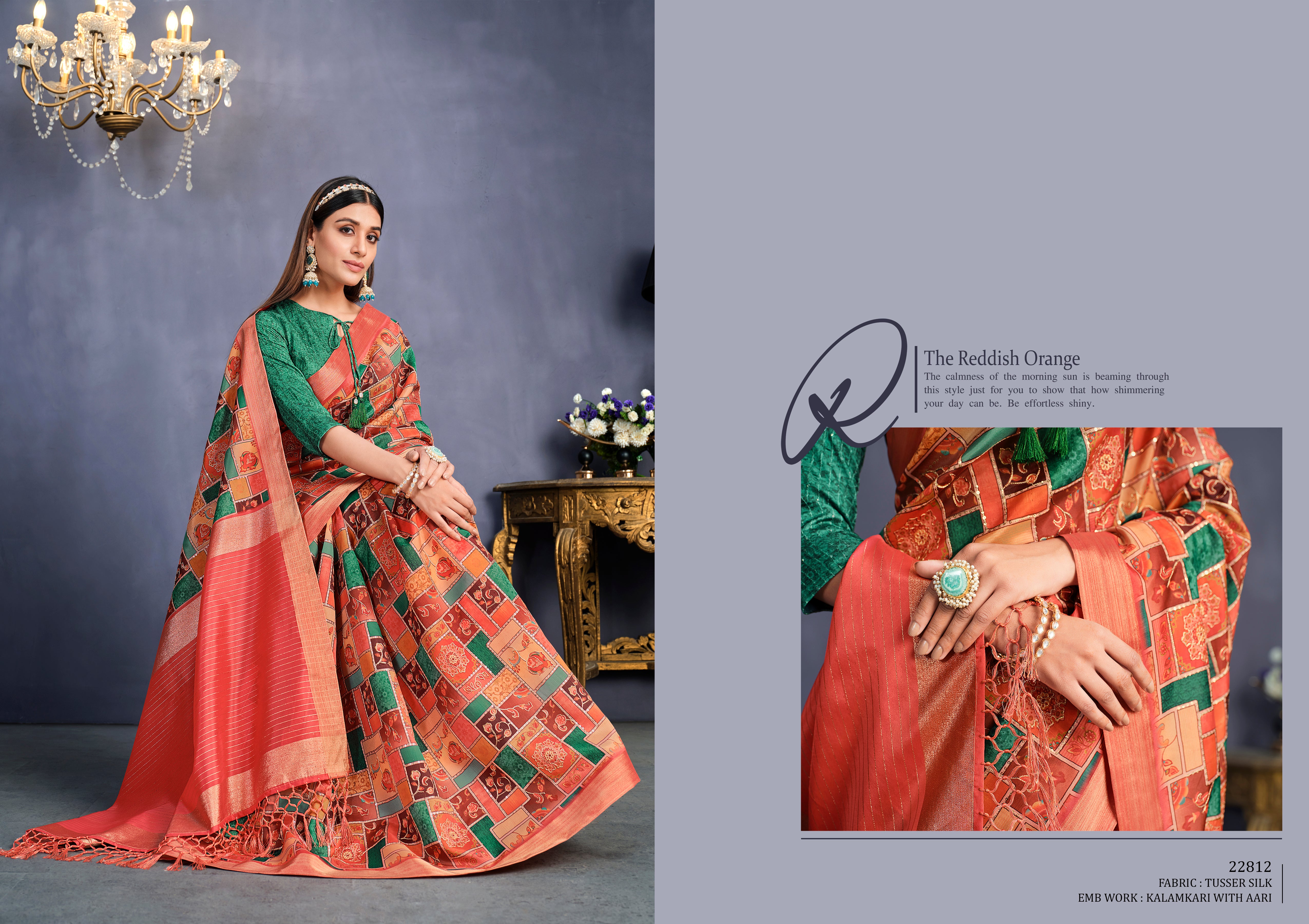 Women's Orange Tusser Silk Design Saree With Unstitched Blouse Piece - Navyaa
