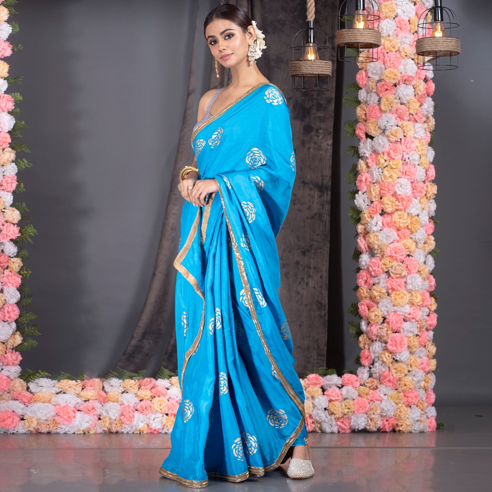 Women's Cerulean Blue Habutai Silk Saree With Gold Print And Hand Embroidered Lace Border - Boveee