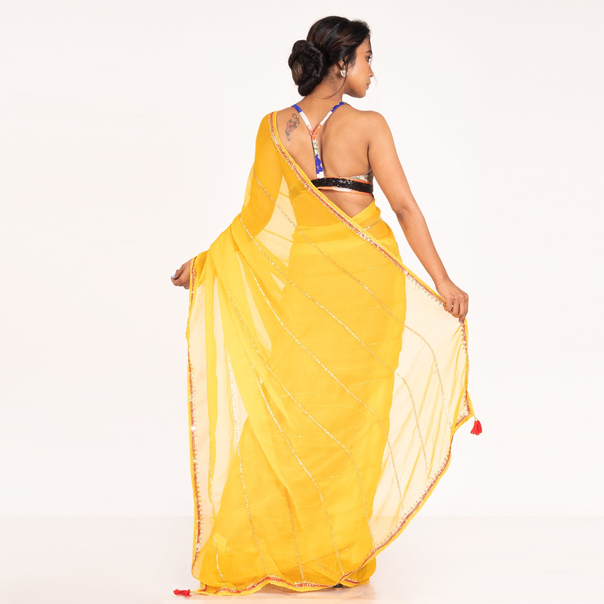 Women's Yellow Pure Chiffon Saree With Hand Embroidered Work Of Pearl And Kundan With Beads - Boveee