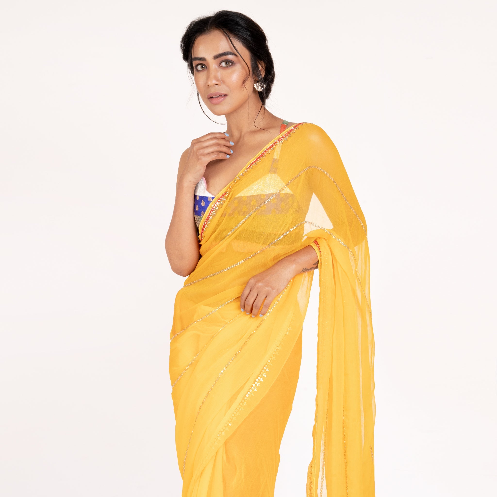 Women's Yellow Pure Chiffon Saree With Hand Embroidered Work Of Pearl And Kundan With Beads - Boveee