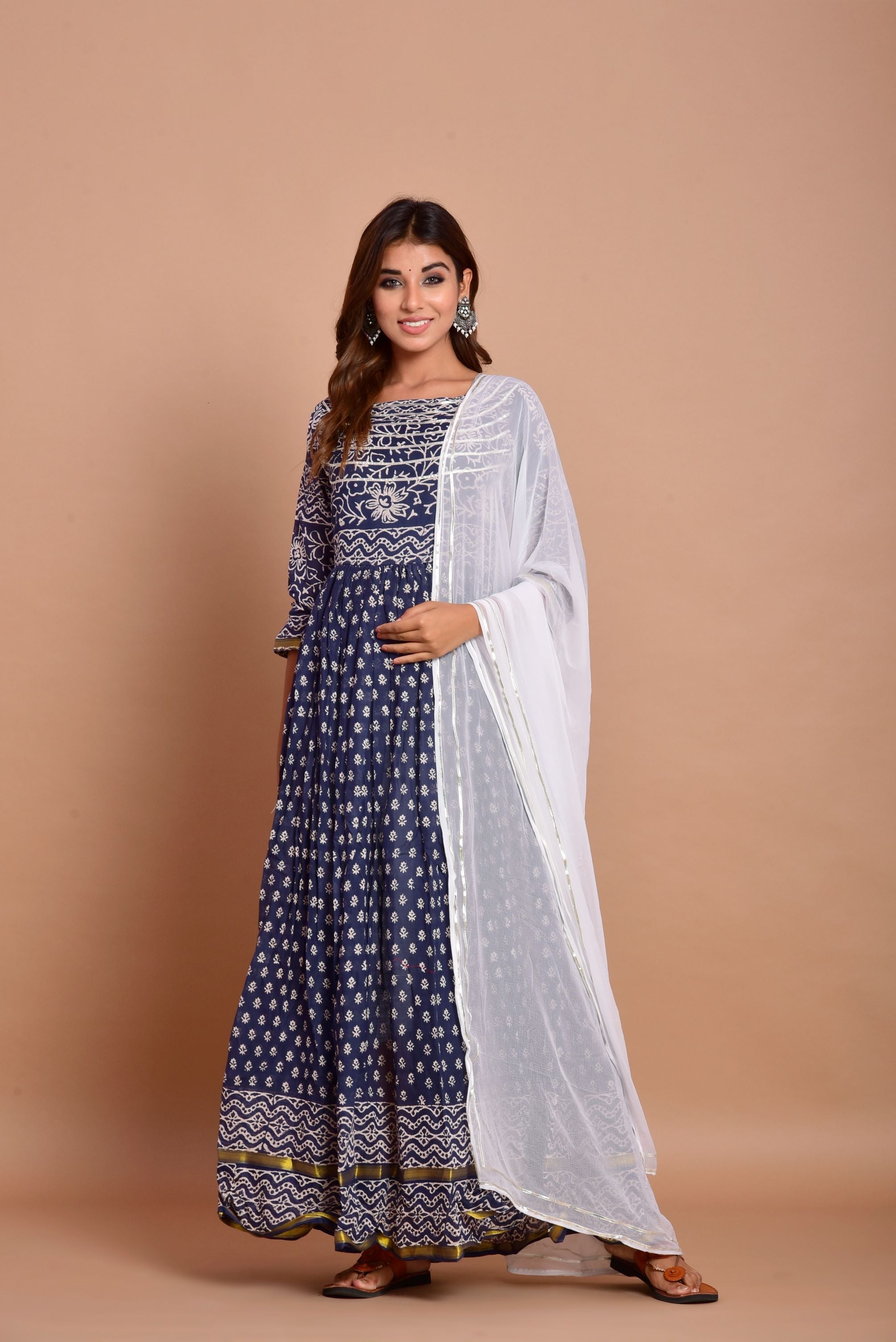Women's Navy Blue Anarkali Dress With Dupatta- (2Pcs Set) - Saras The Label