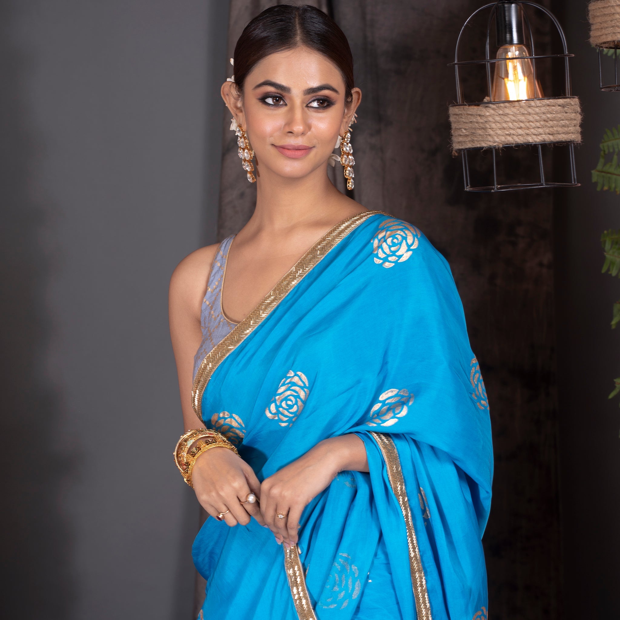 Women's Cerulean Blue Habutai Silk Saree With Gold Print And Hand Embroidered Lace Border - Boveee