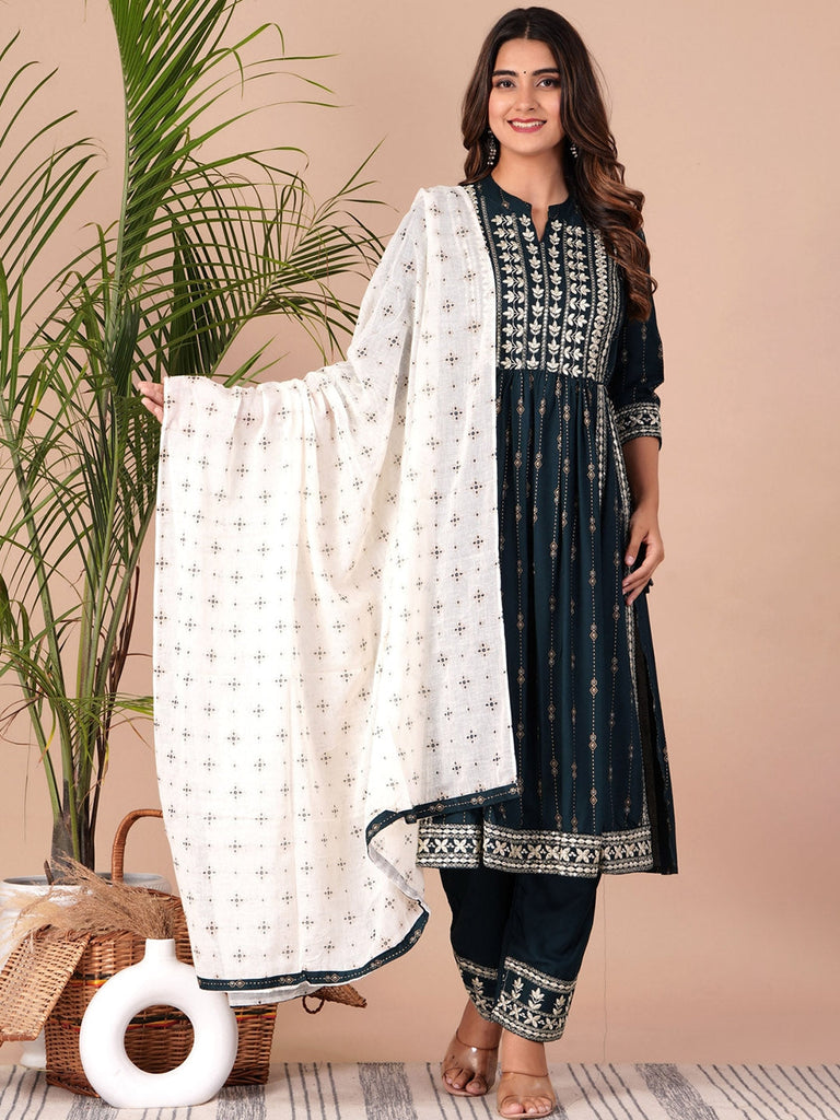 Women's Floral Printed Empire Thread Work Kurta With Palazzos & Dupatta