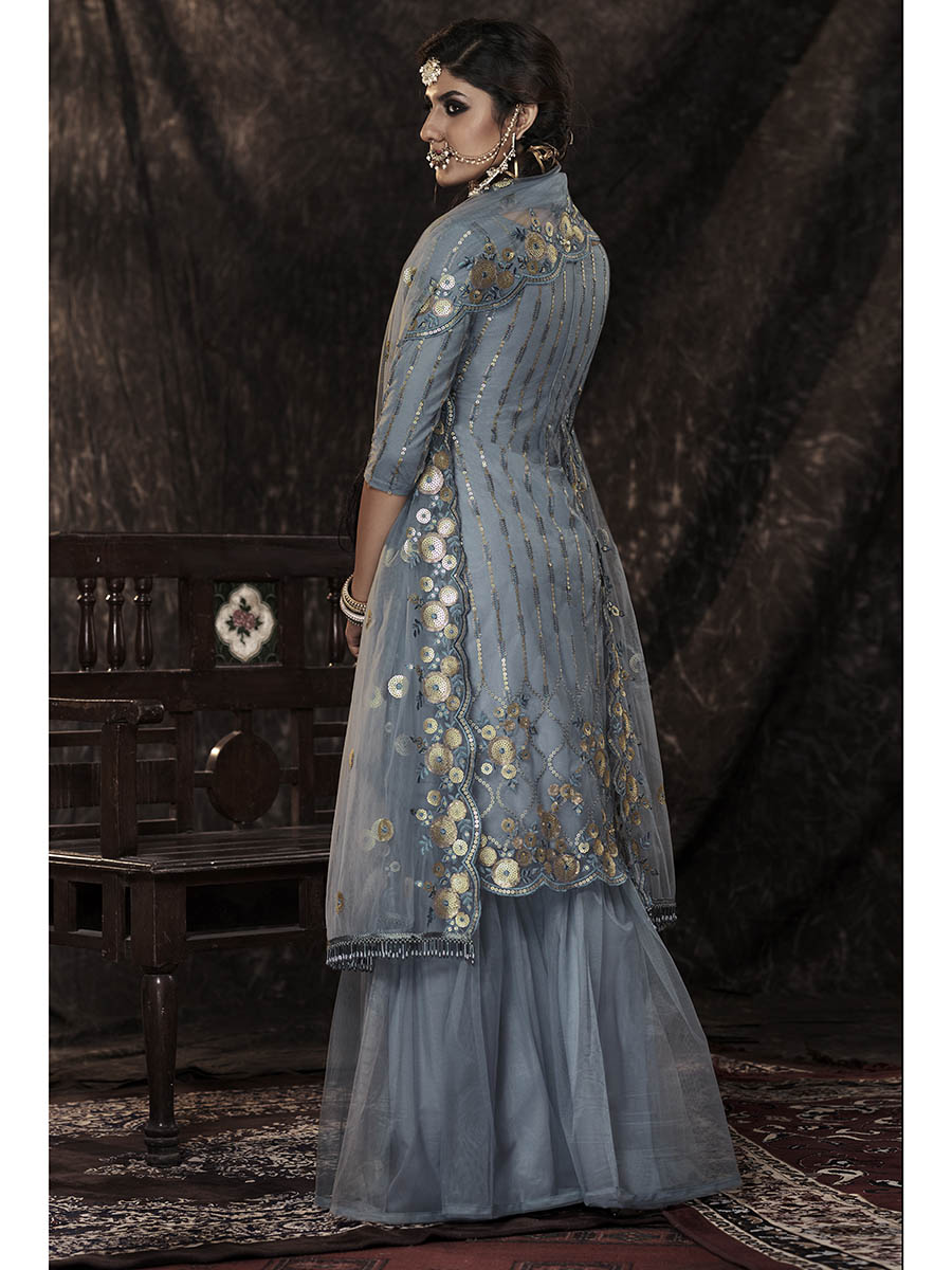 Women's Grey Net Embroidered Sharara Suit - Myracouture