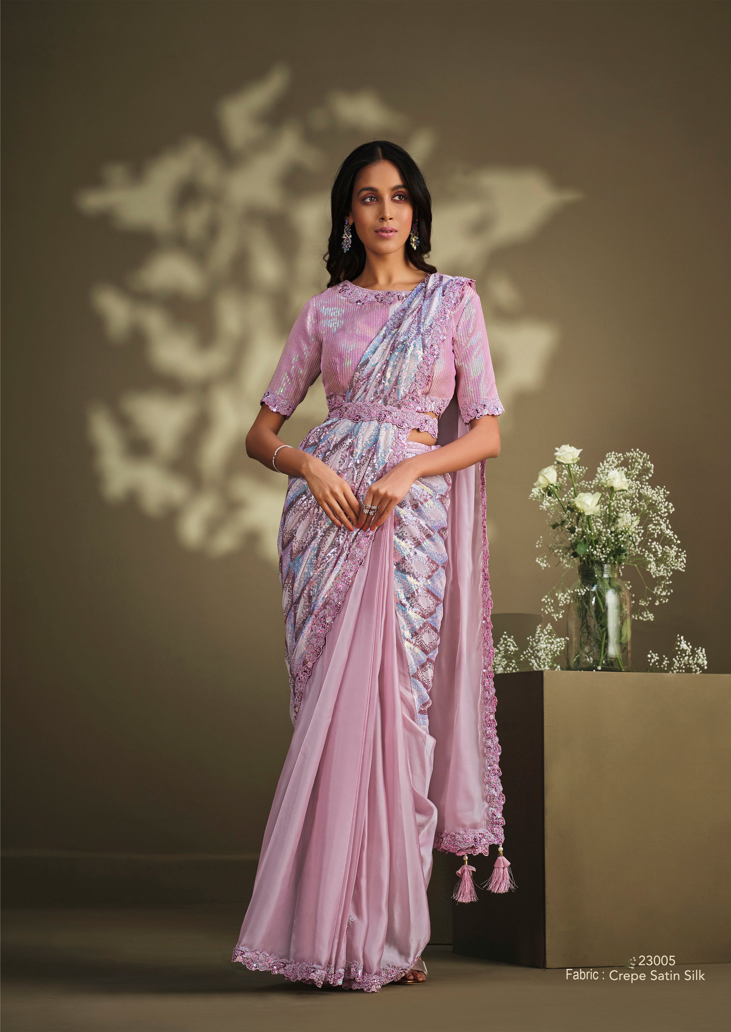 Women's Light Pink Crepe Satin Silk Design Saree With Unstitched Blouse Piece - Navyaa