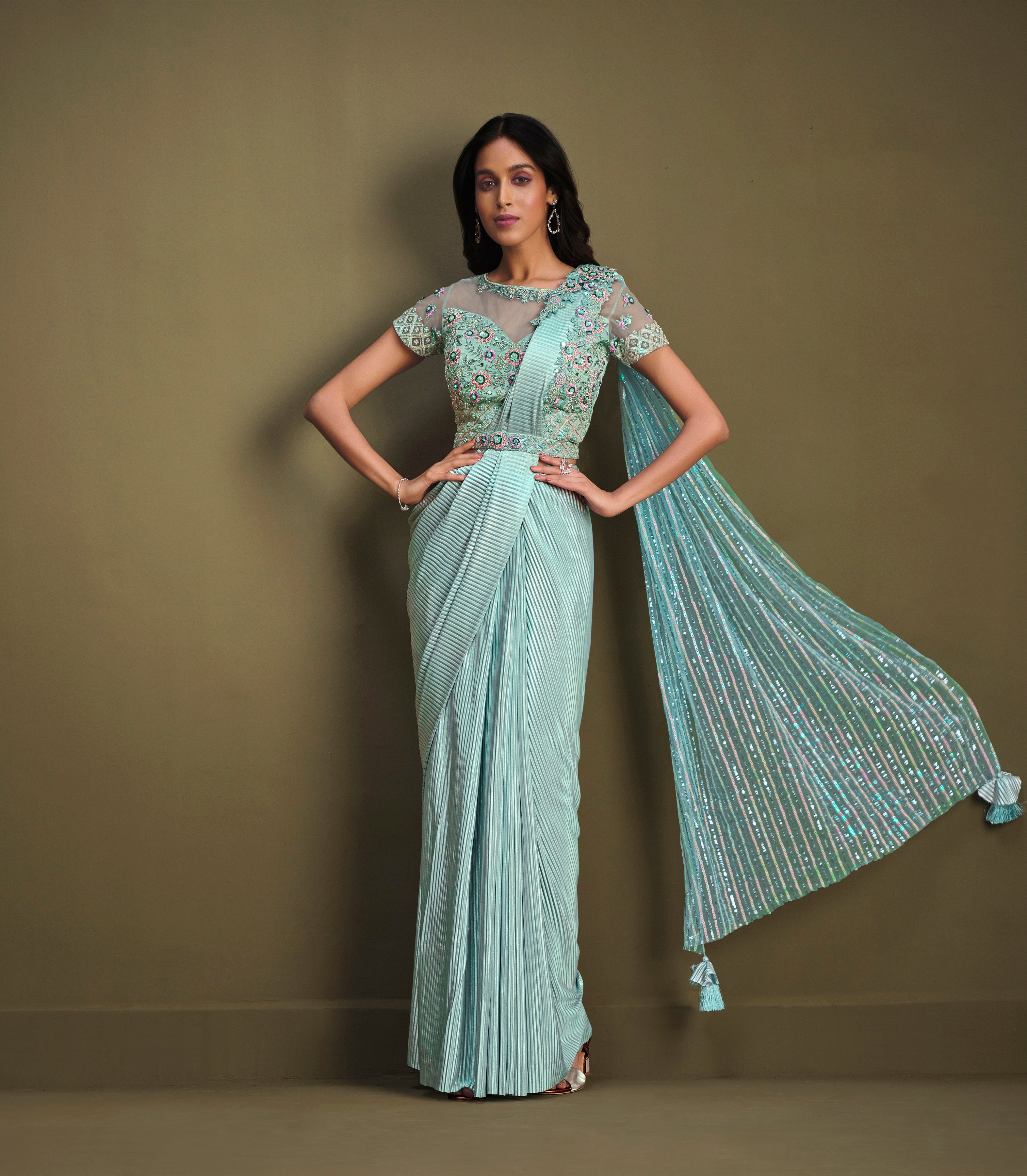 Women's Sky Blue Fancy Crystal Crepe Design Saree With Unstitched Blouse Piece - Navyaa