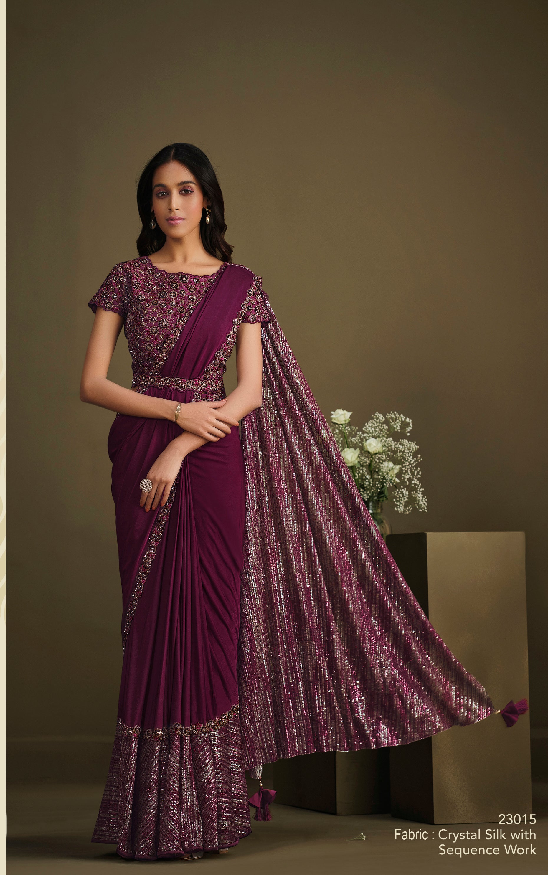 Women's Maroon Crystal Silk Design Saree With Unstitched Blouse Piece - Navyaa