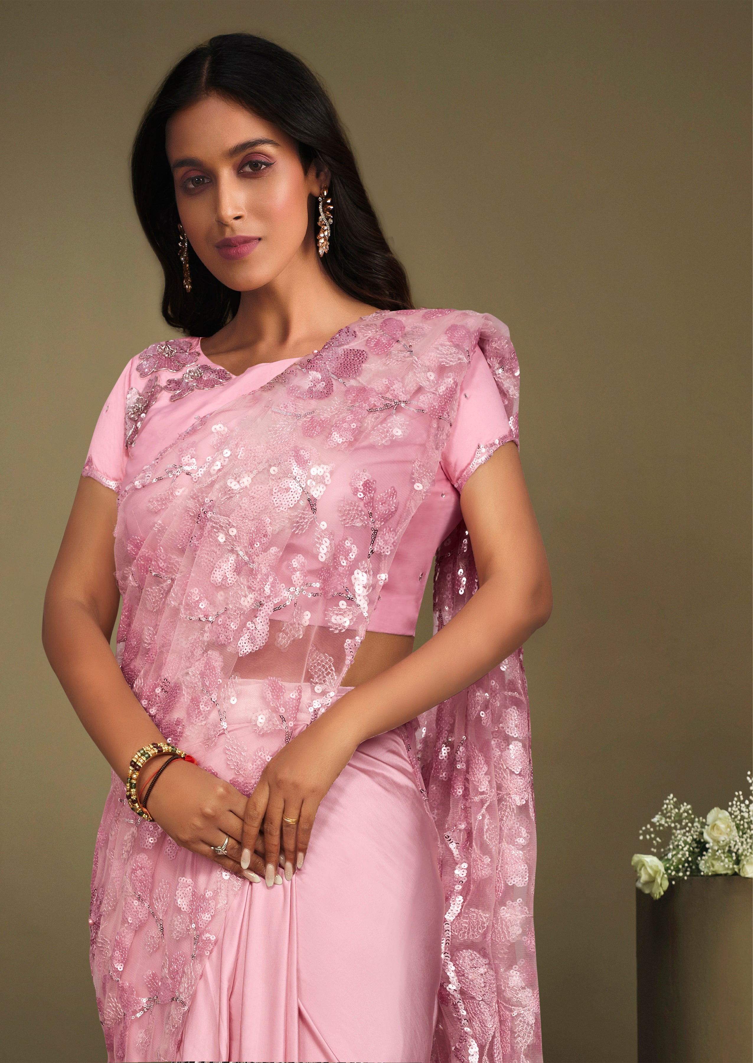 Women's Pink  Crepe Lycra Design Saree With Unstitched Blouse Piece - Navyaa