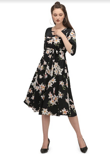 Women's Black And White Floral Printed Long Maxi Dress - MESMORA FASHIONS