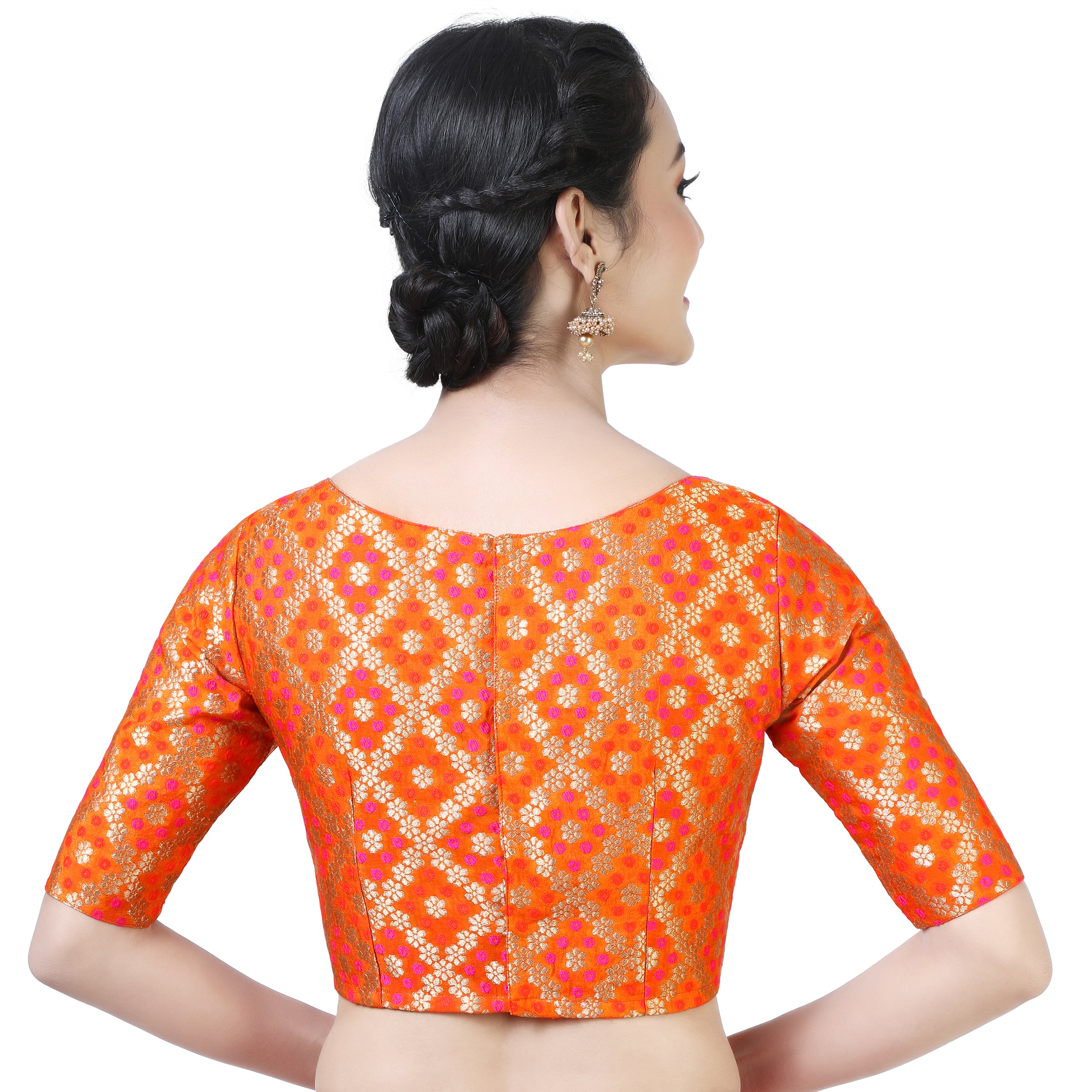 Women's Orange Color Bandhni Brocade Saree Blouse with Golden Zari Weave - Shringaar