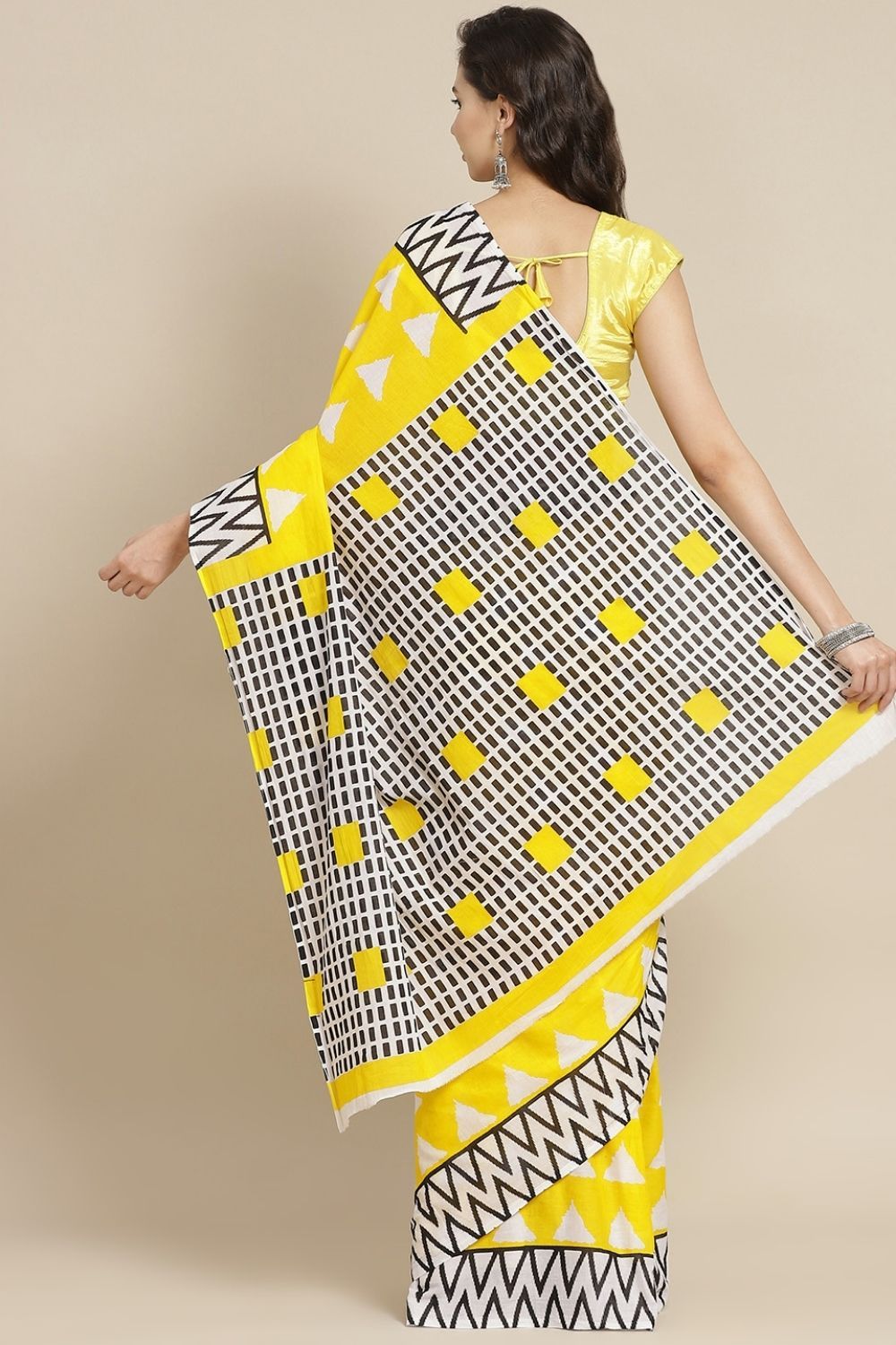Women's Yellow Cotton Mulmul Bagru Print Saree - Juniper