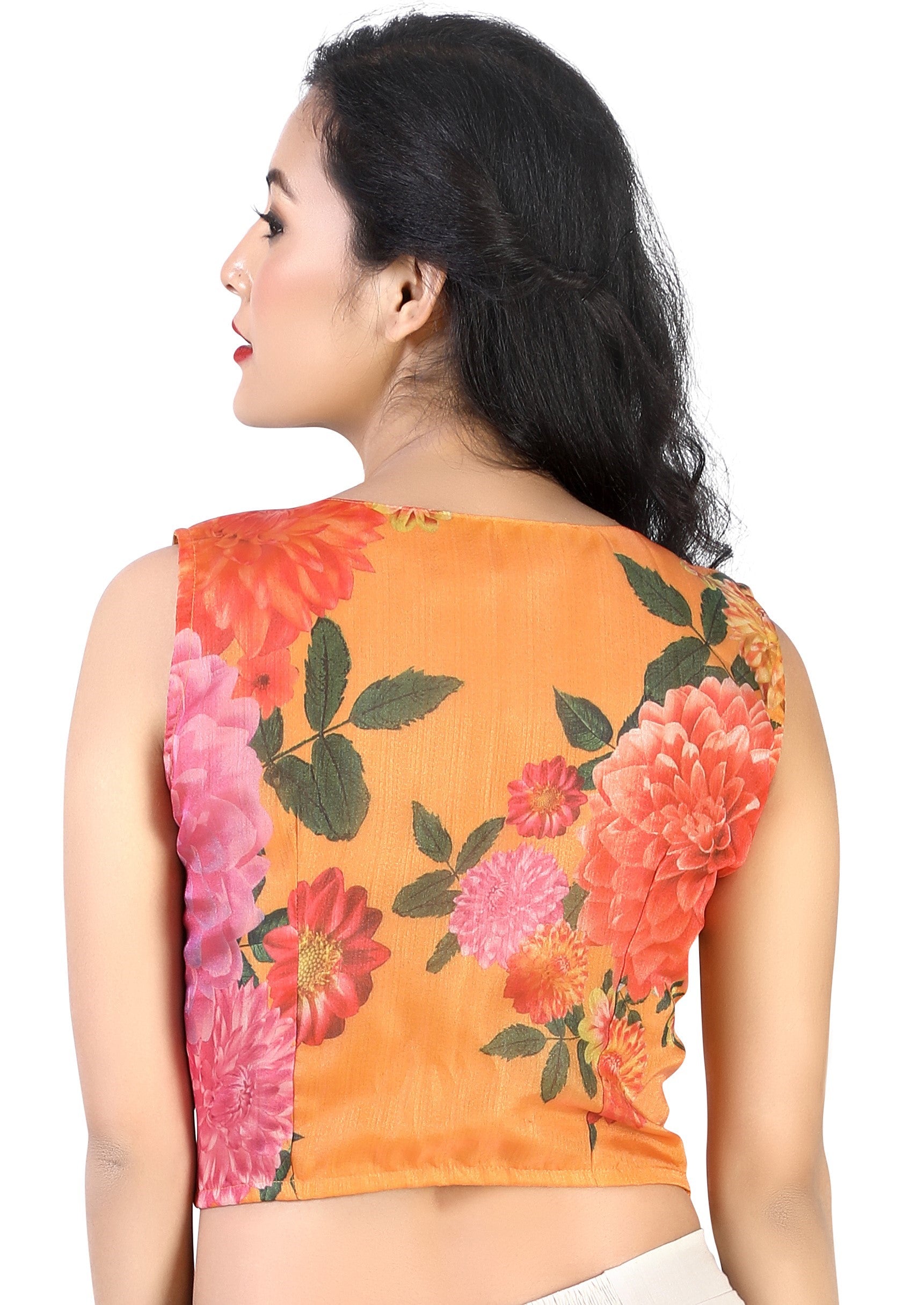 Women's Orange Organza Printed Crop Top Blouse. - Shringaar