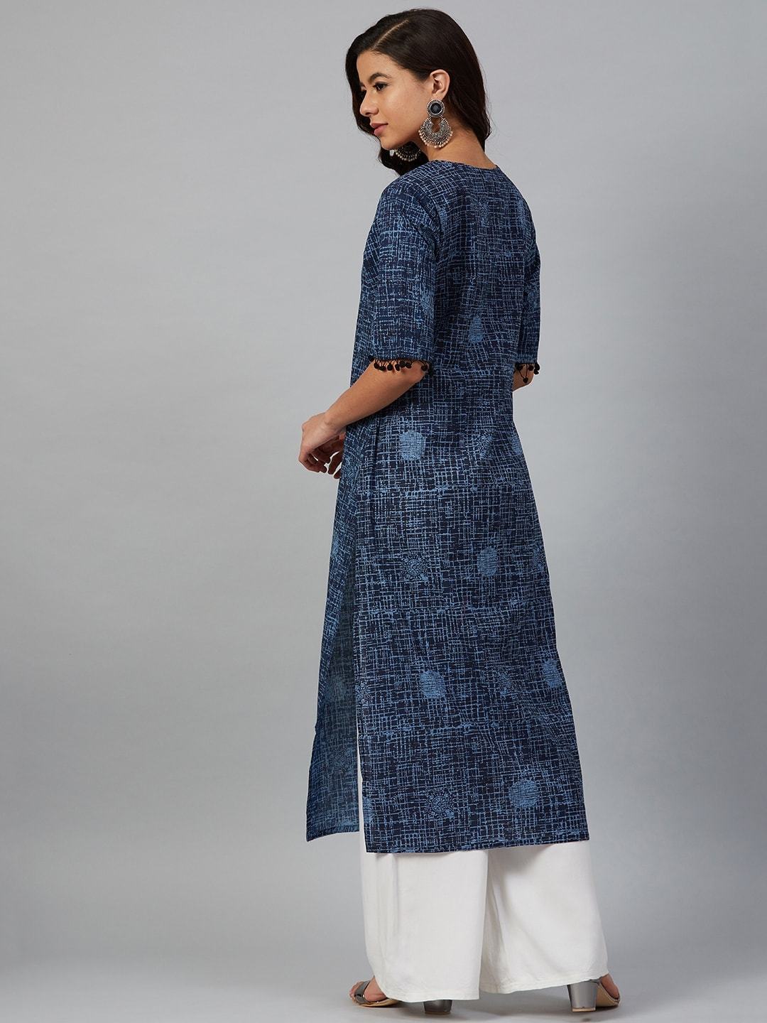 Women's Blue & Black Printed Straight Kurta - Meeranshi
