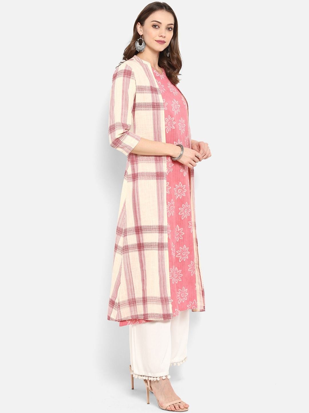 Women's Pink & White Printed A-Line Kurta with Shrug - Meeranshi