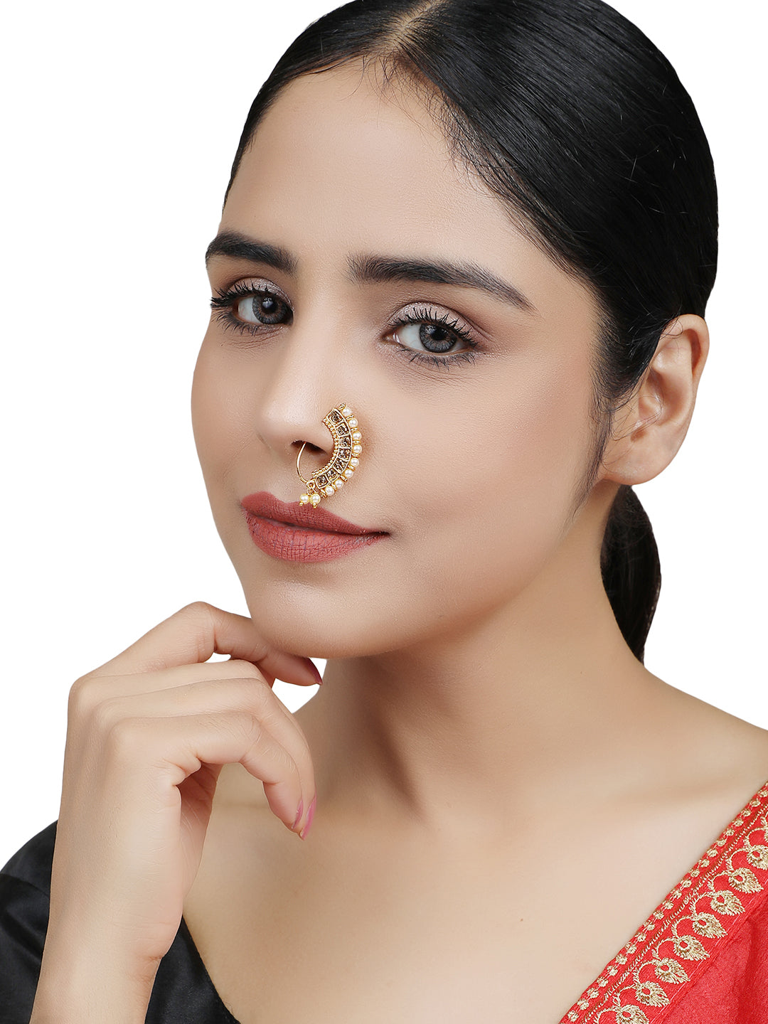 Traditional Gold-Plated Marathi Nose Nath With Pearls By Anikas Creation