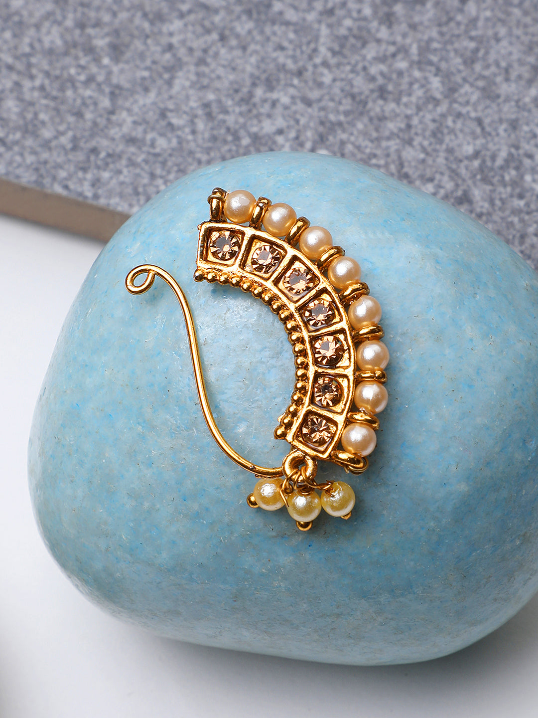 Traditional Gold-Plated Marathi Nose Nath With Pearls By Anikas Creation