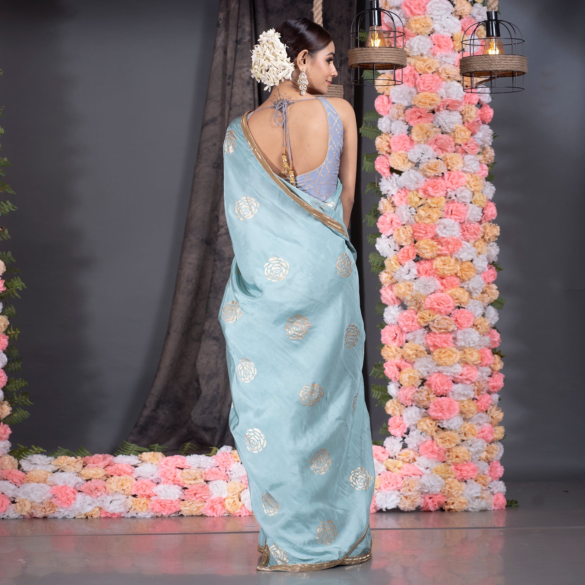 Women's Grey Habutai Silk Saree With Gold Print And Hand Embroidered Lace Border - Boveee
