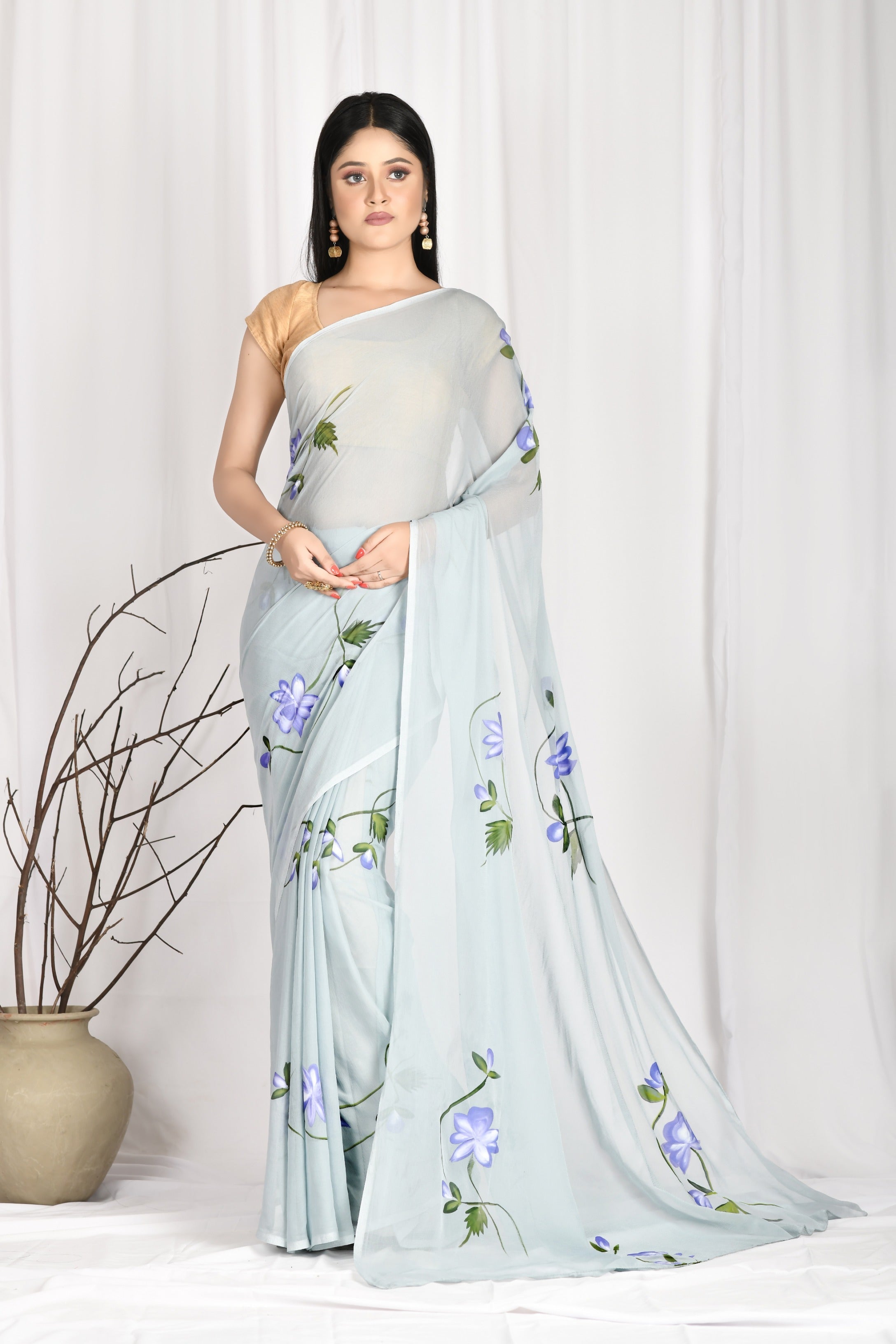 Women's Hand Painted Grey Saree With All-Over Vegetable Dyes With Blouse - Saras The Label