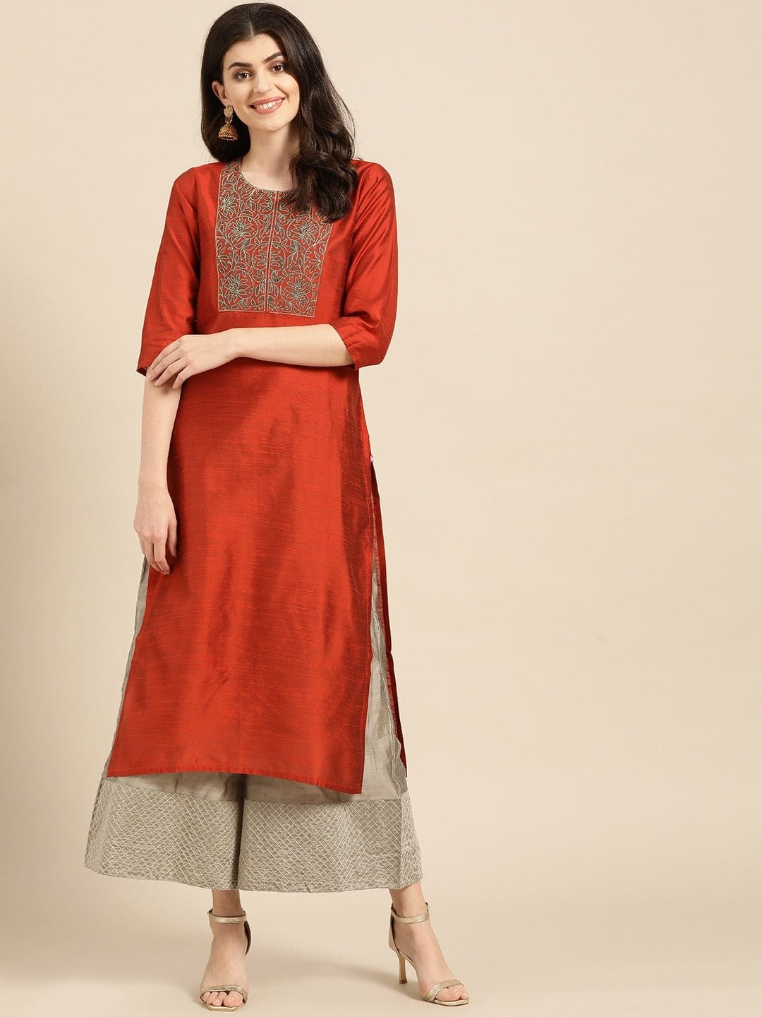 Women's Rust Red & Green Yoke Design Straight Kurta With Zari Detail - Varanga