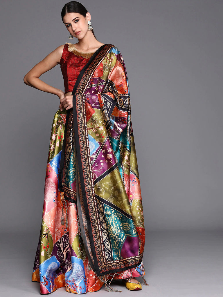 Women's Digital Print Shiney Satin Semistitched Lehenga Choli With Unstitched Blouse And Thred Work Dupatta