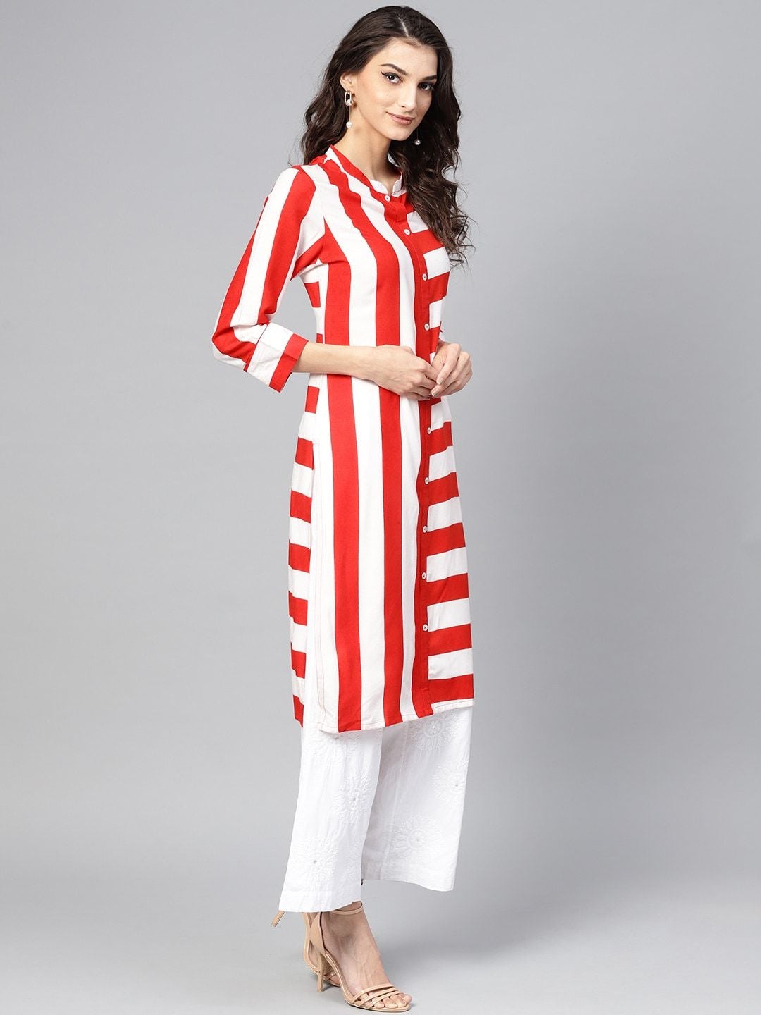 Women's Red & White Striped Straight Kurta - Meeranshi