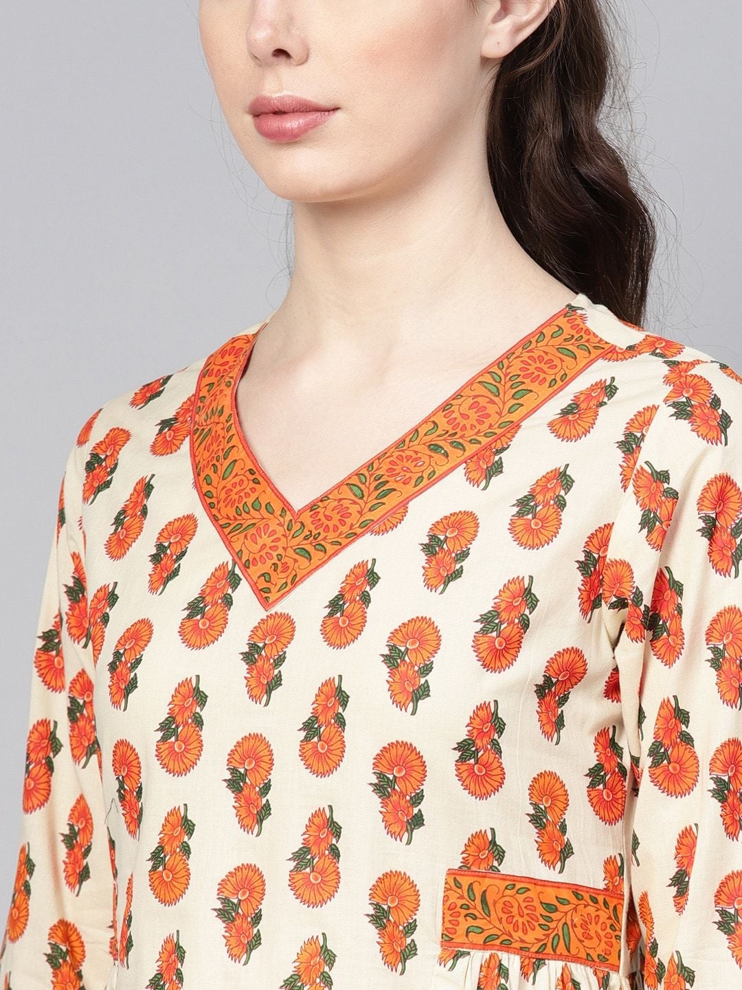 Women's Cream-Coloured & Orange Printed A-Line Kurta - Meeranshi