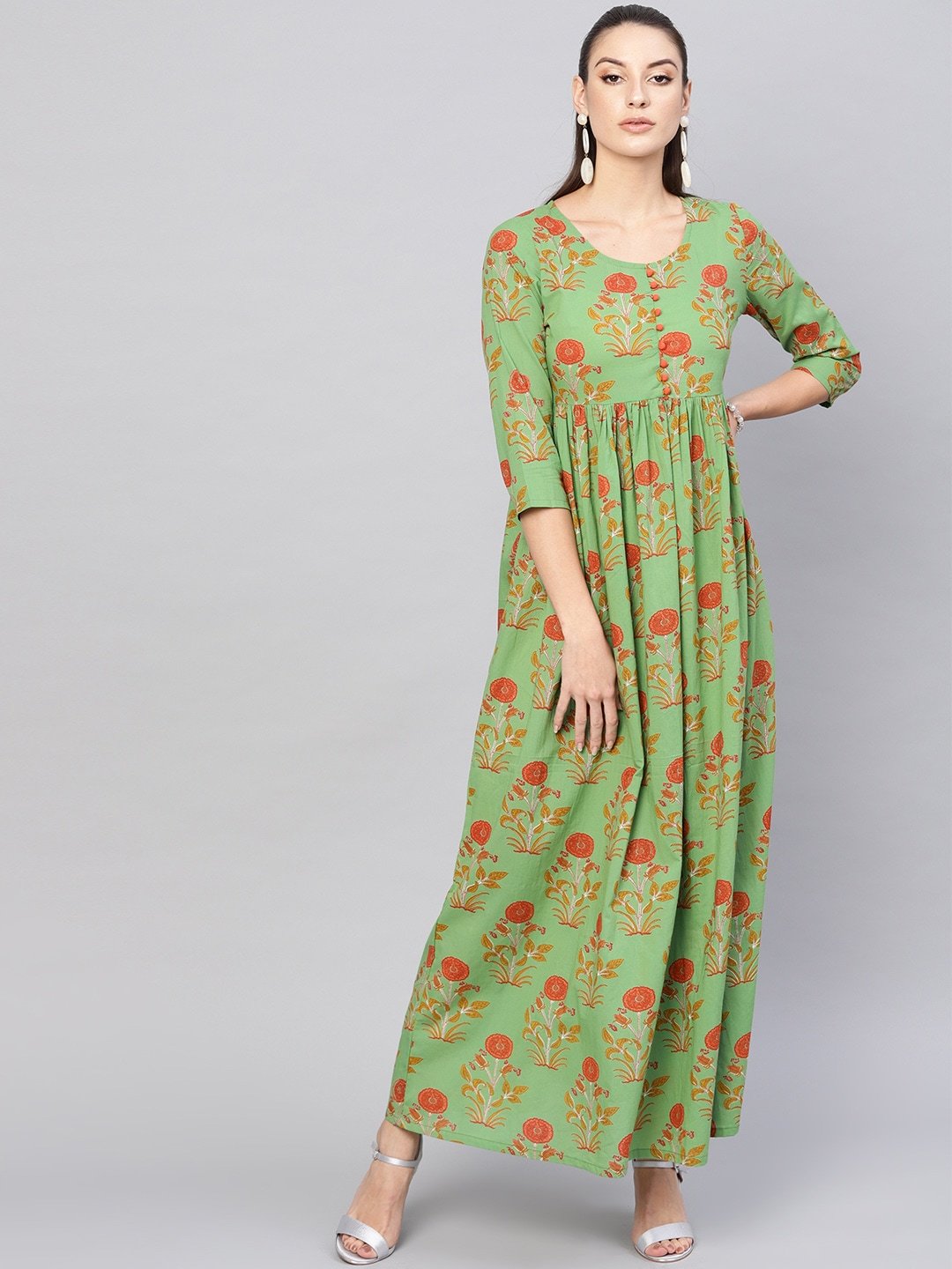 Women's  Green & Orange Floral Print Maxi Dress - AKS