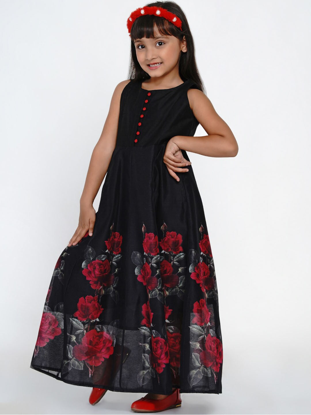 Girl's Black & Red Floral Printed A-Line Maxi Dress - NOZ2TOZ KIDS
