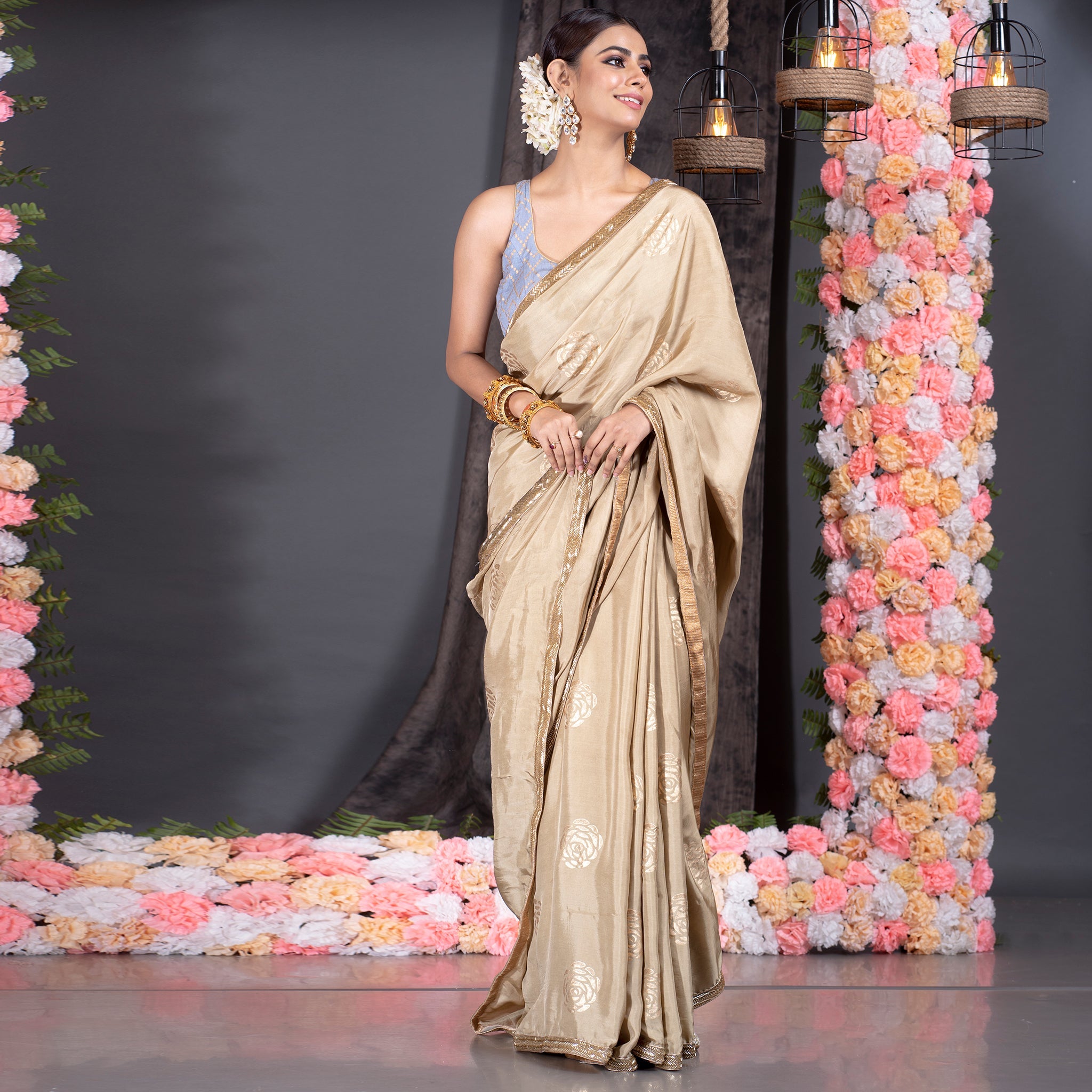 Women's Golden Habutai Silk Saree With Gold Print And Hand Embroidered Lace Border - Boveee