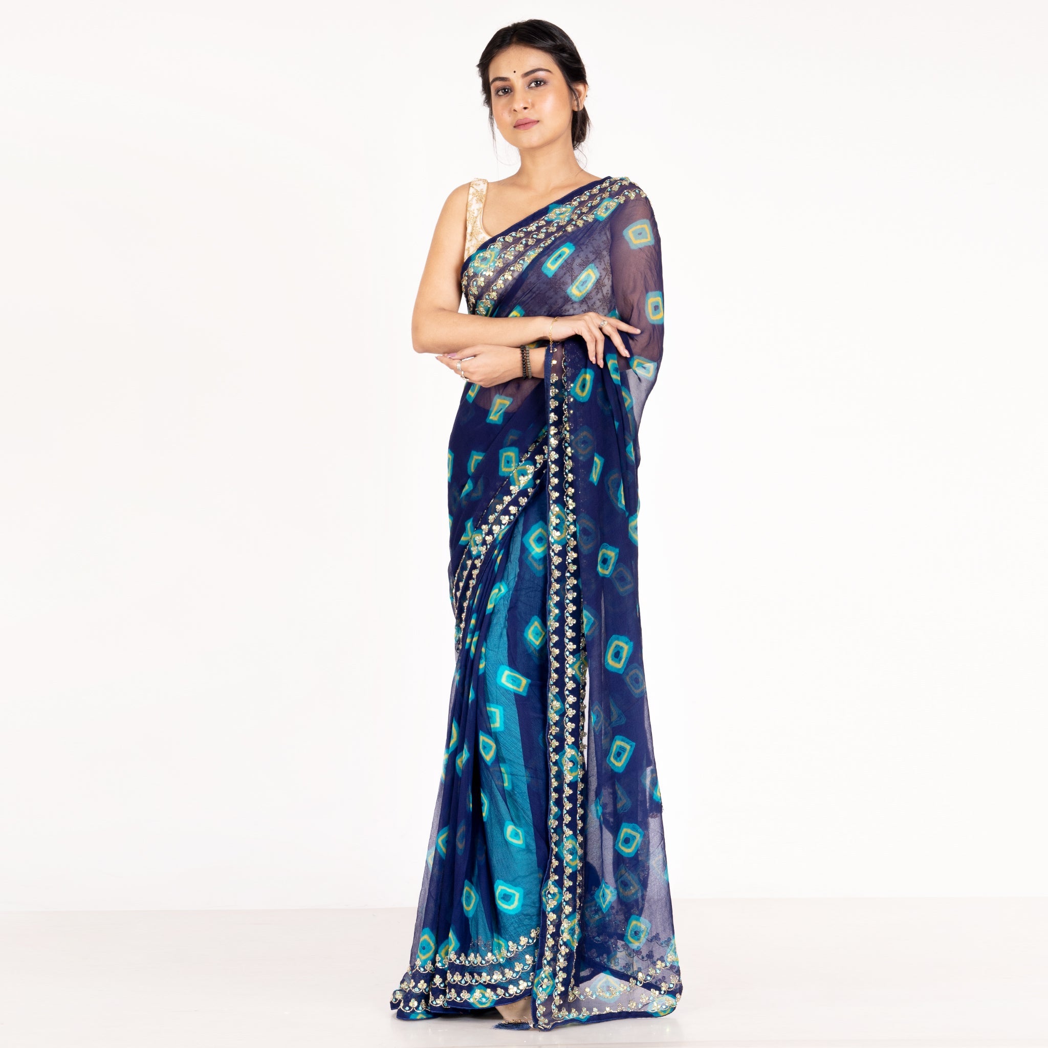 Women's Navy Blue Pure Chiifon Bandhej Motifs Saree With Hand Embroidfered Border - Boveee