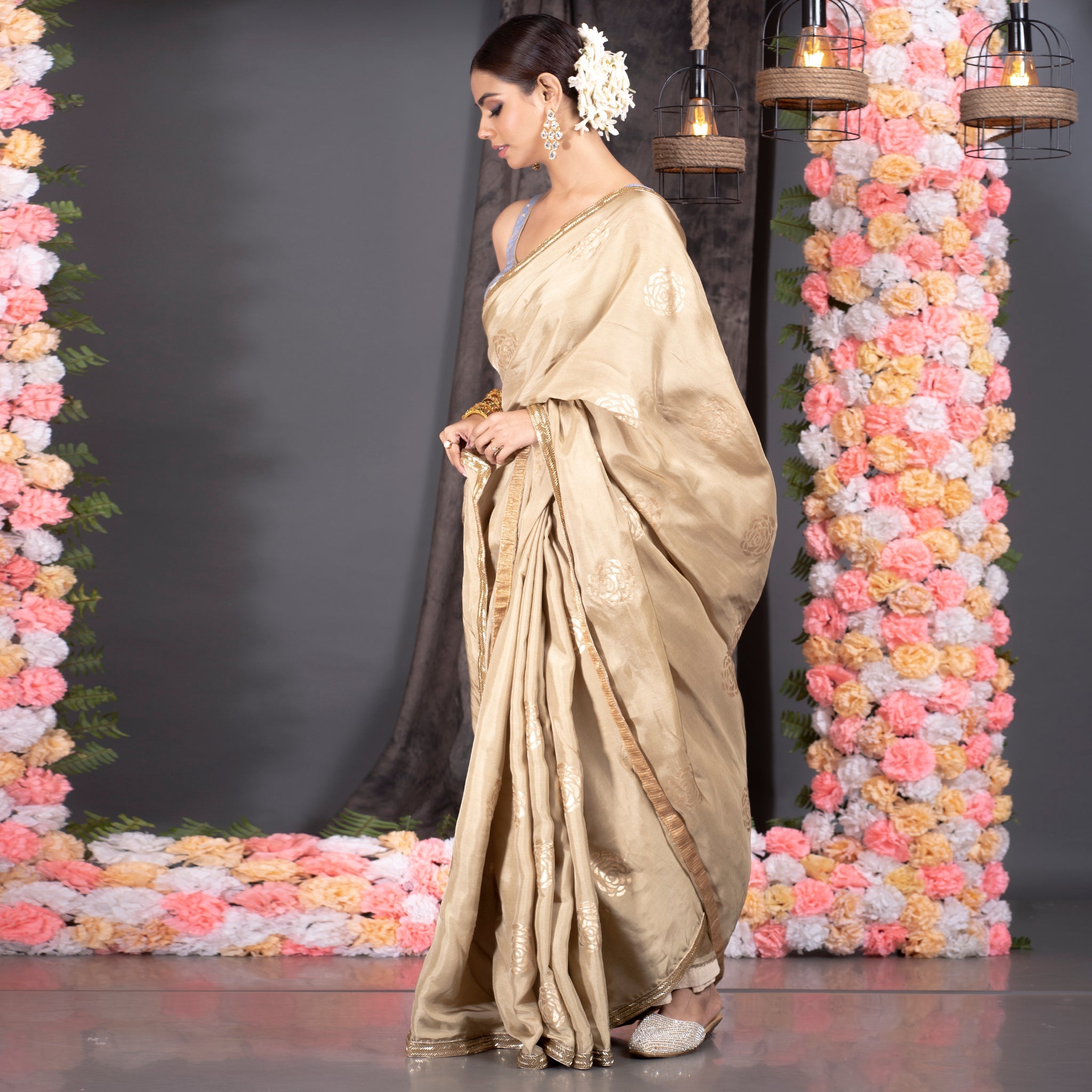 Women's Golden Habutai Silk Saree With Gold Print And Hand Embroidered Lace Border - Boveee
