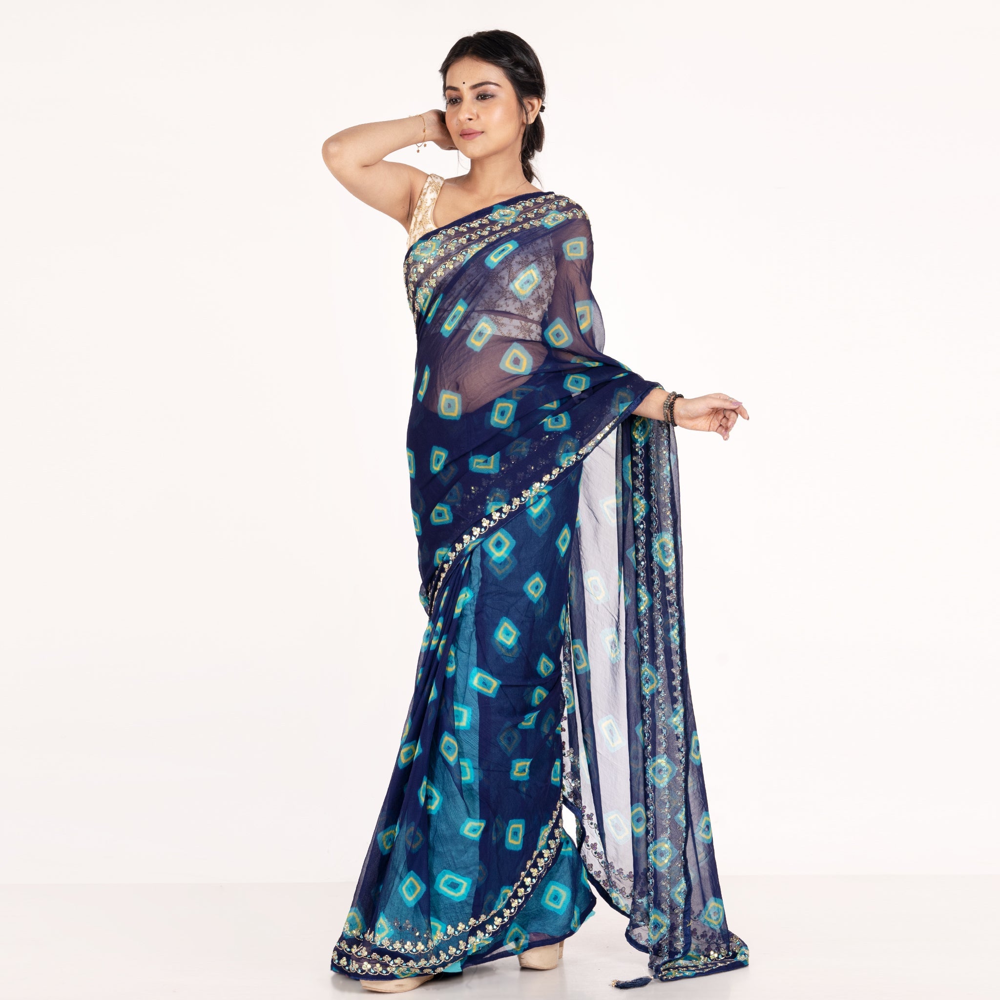Women's Navy Blue Pure Chiifon Bandhej Motifs Saree With Hand Embroidfered Border - Boveee