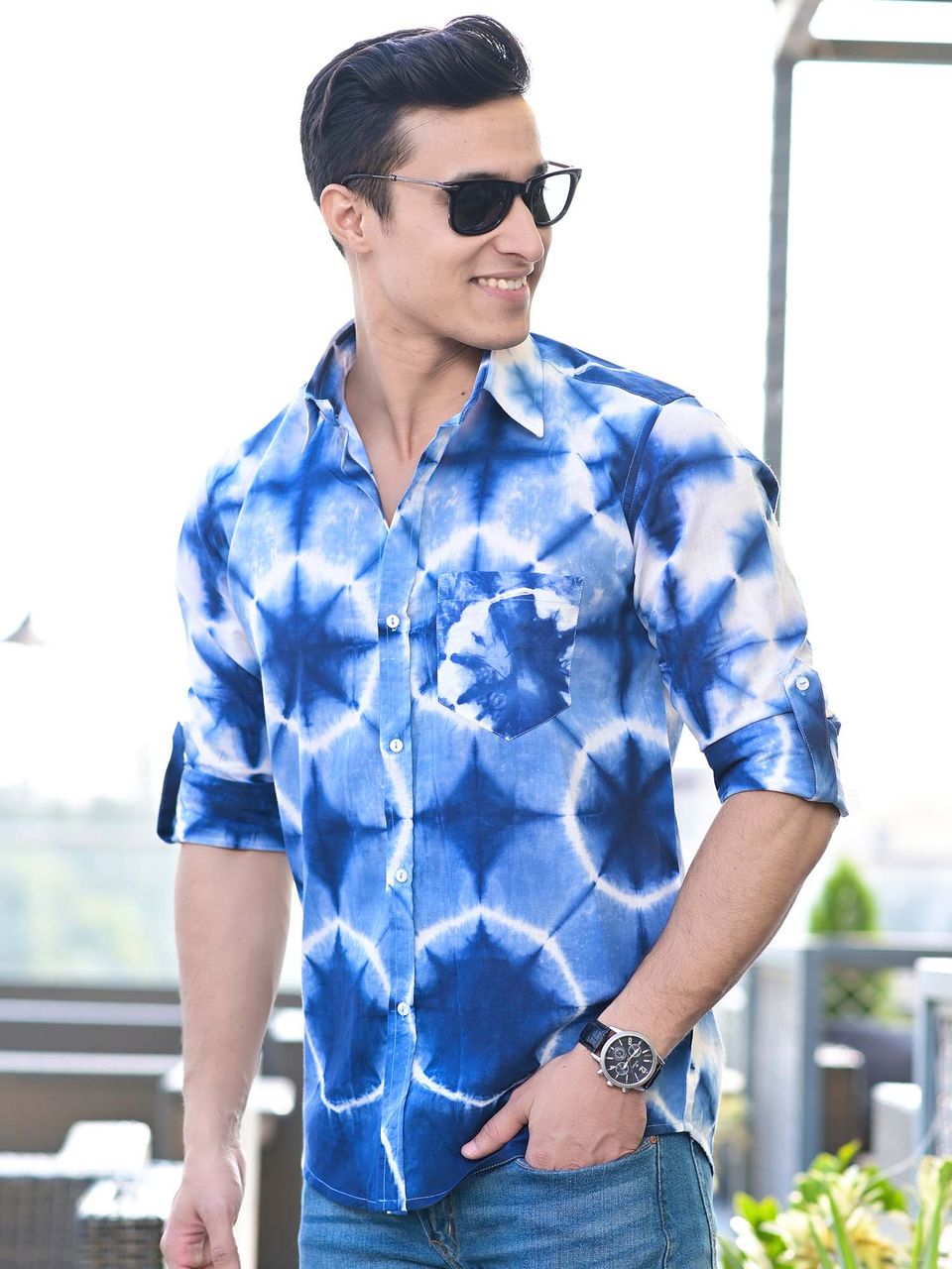 Men's Light Blue Clamp Dyeing Cotton Shirt - Hatheli