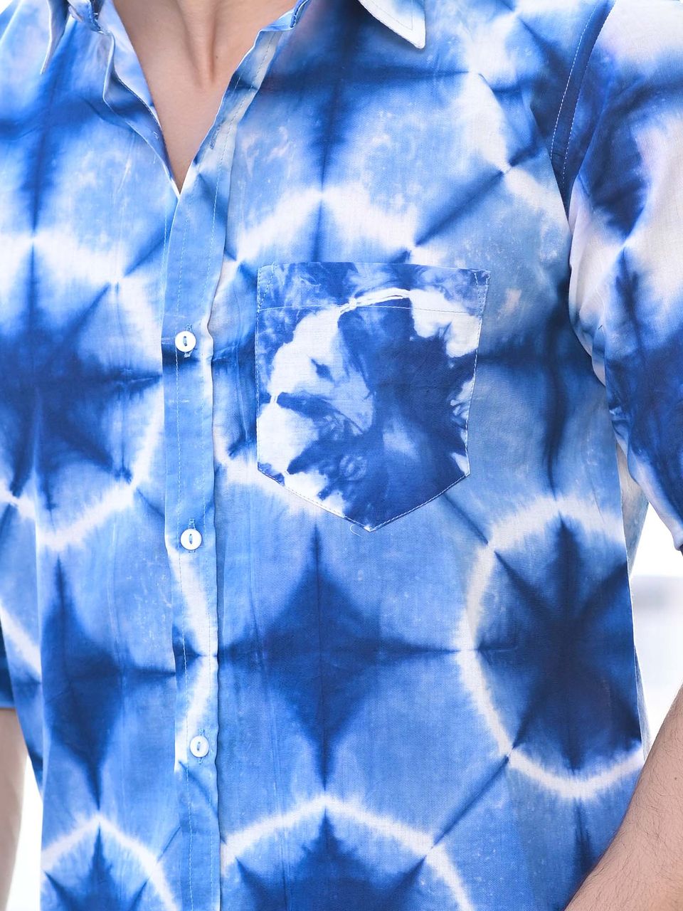 Men's Light Blue Clamp Dyeing Cotton Shirt - Hatheli