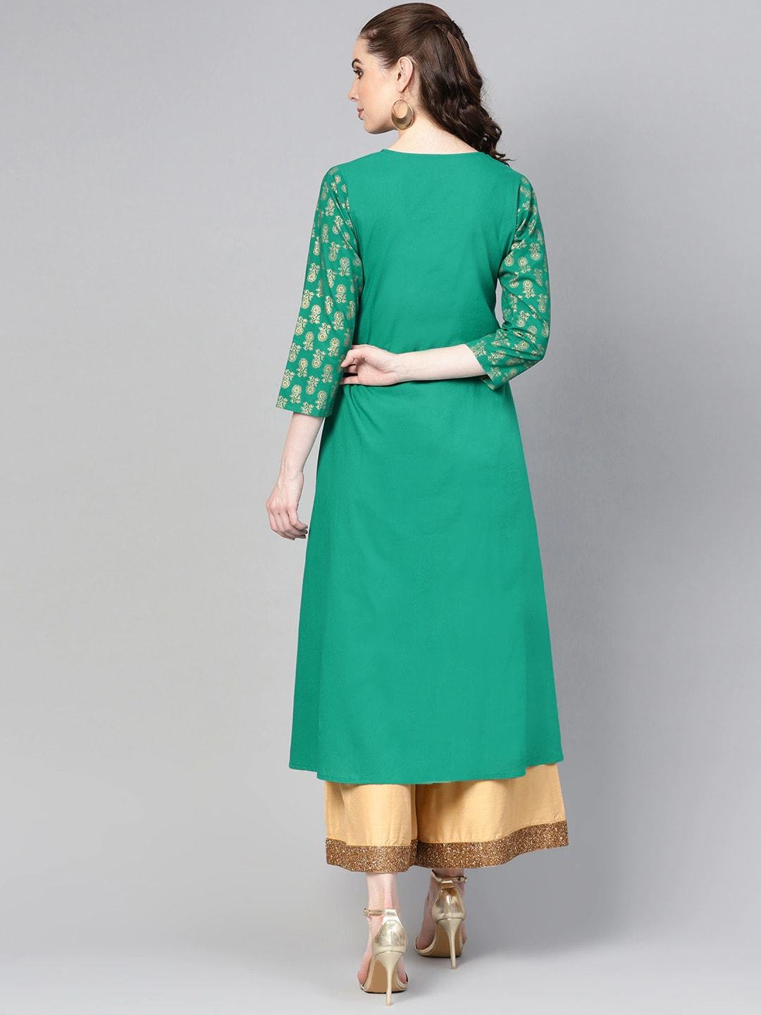 Women's Green & Gold-Coloured Floral Printed A-Line Kurta - Meeranshi