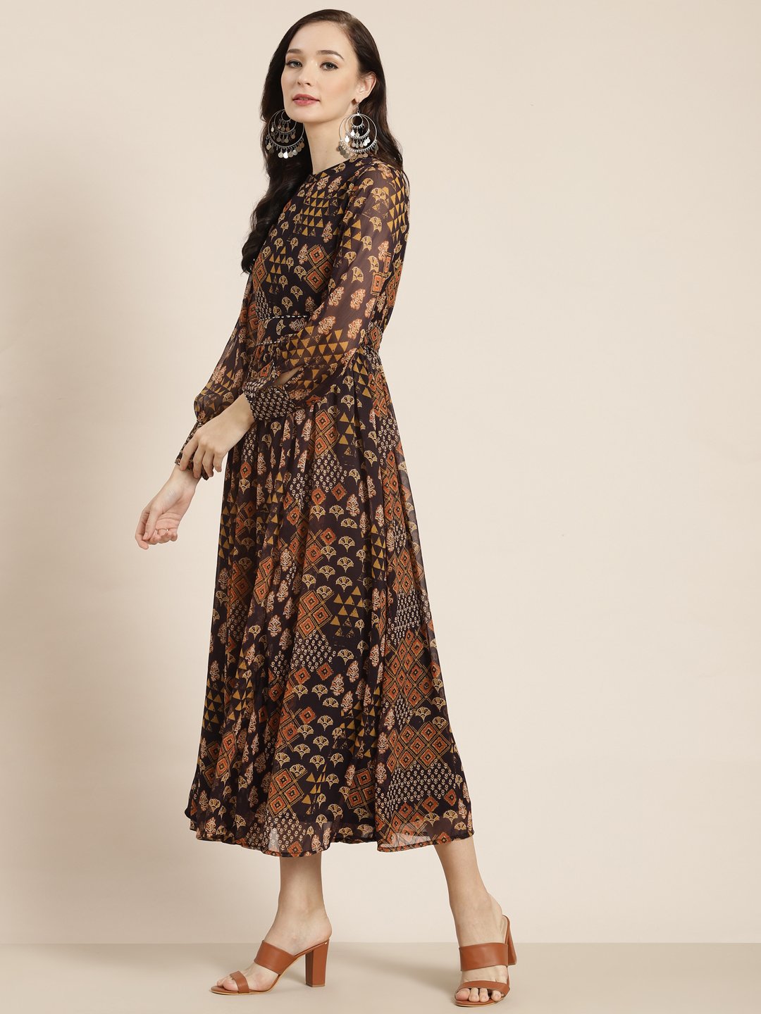 Women's Multi Chiffon Flared Printed Dress With Tie-up Blet - Juniper