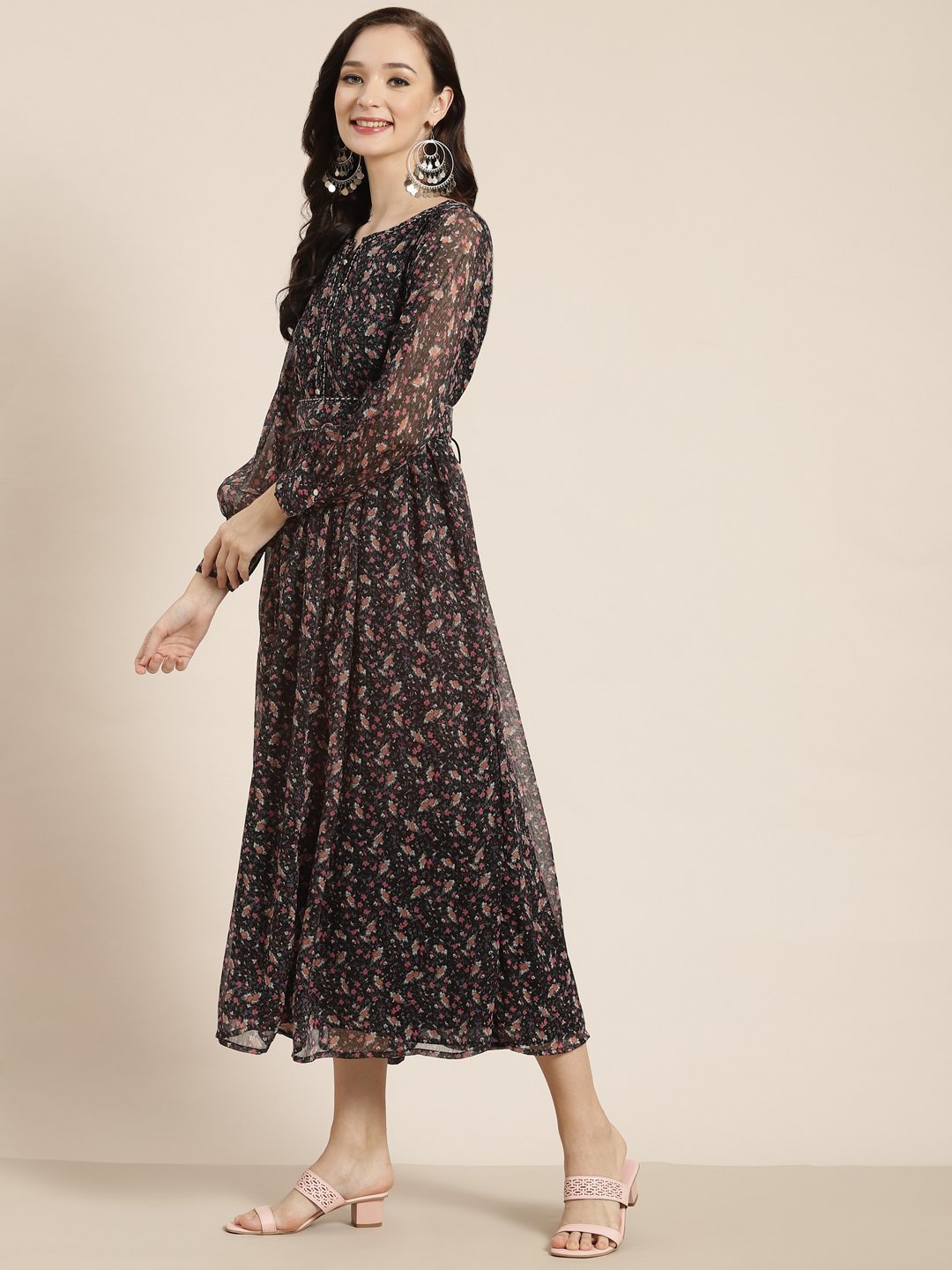 Women's Navy Chiffon Flared Printed Dress With Tie-up Blet - Juniper