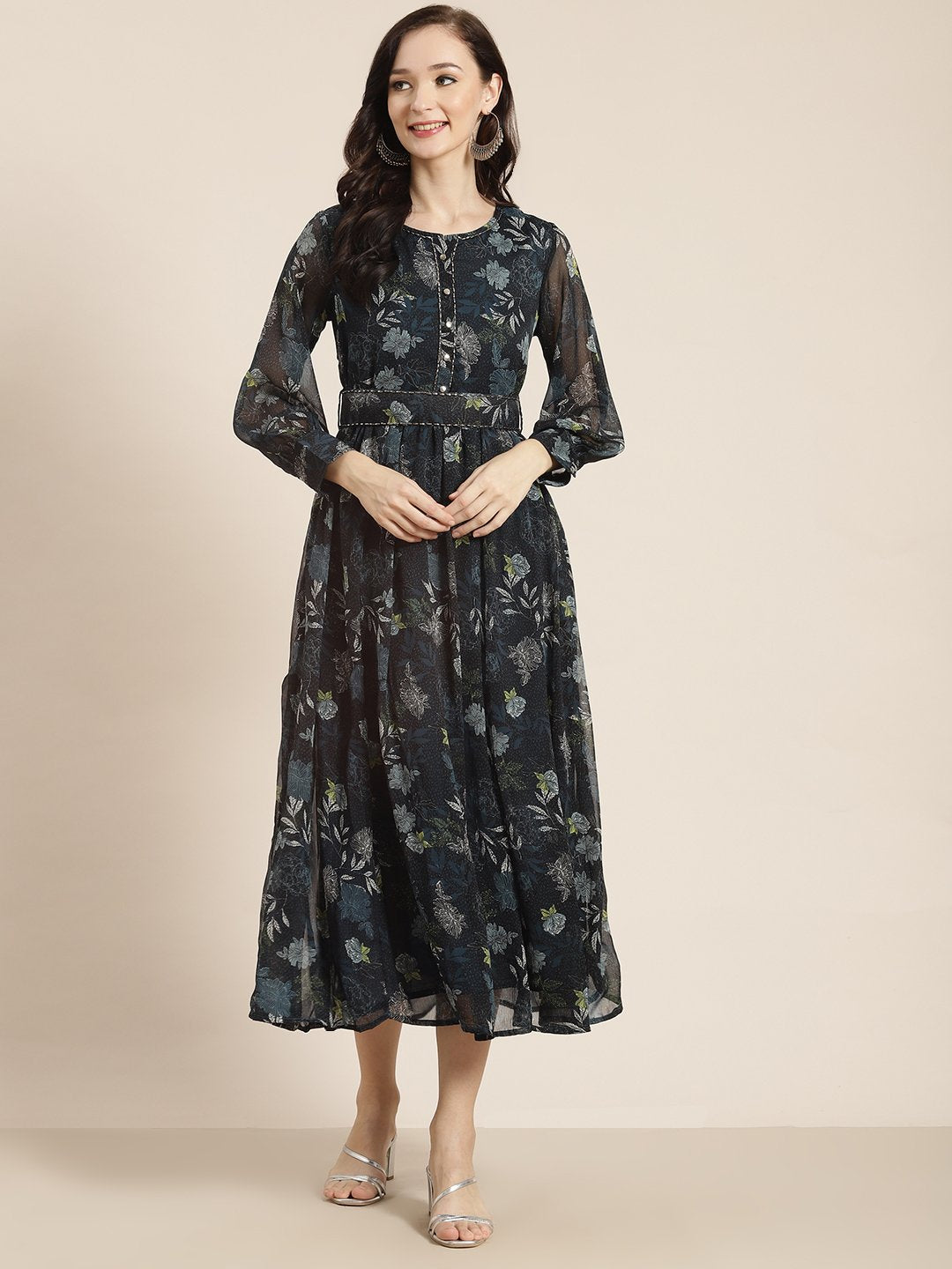 Women's Teal Chiffon Flared Printed Dress With Tie-up Blet - Juniper