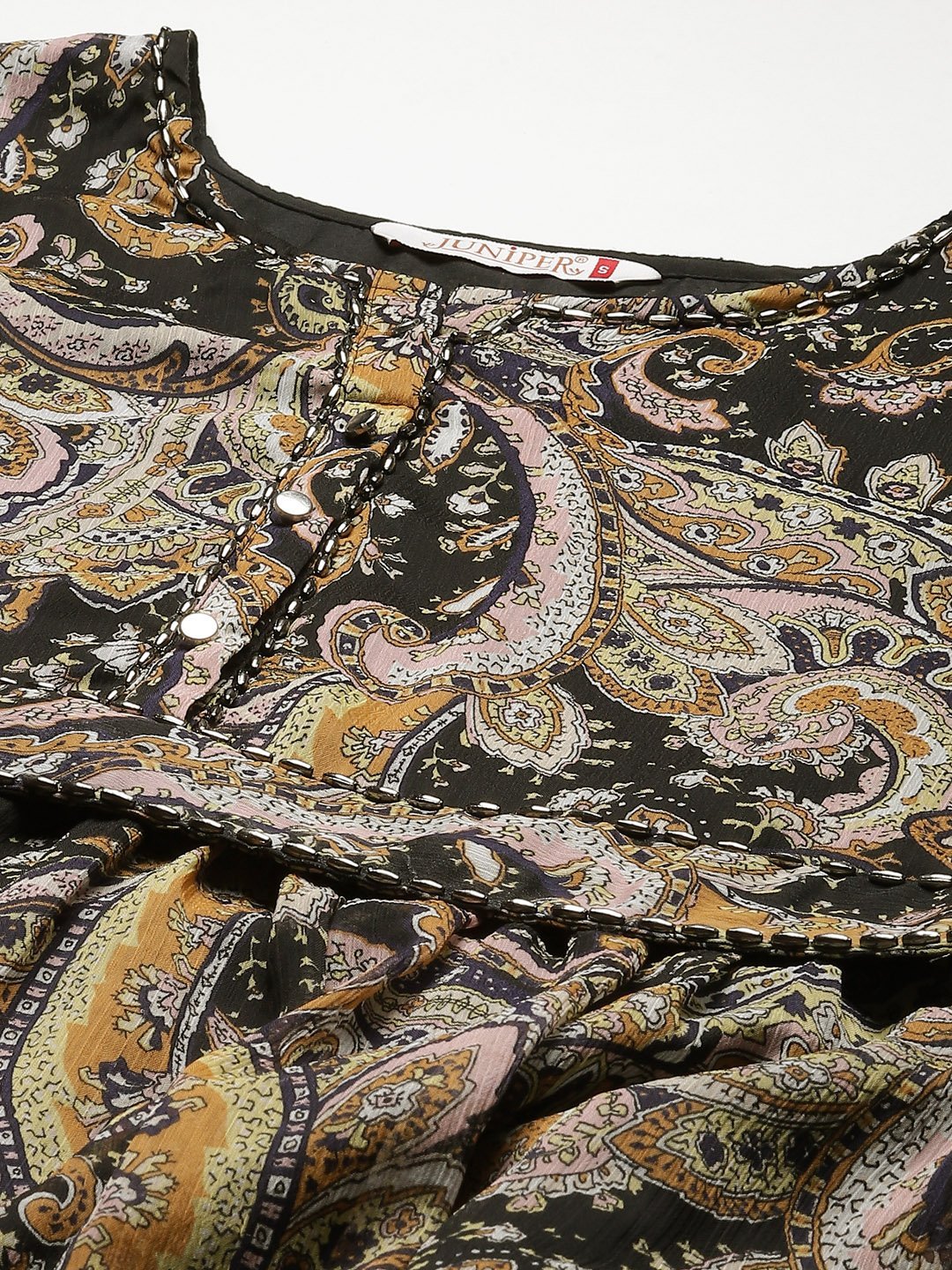 Women's Black Alphin Chiffon Flared Printed Dress With Tie-up Blet - Juniper