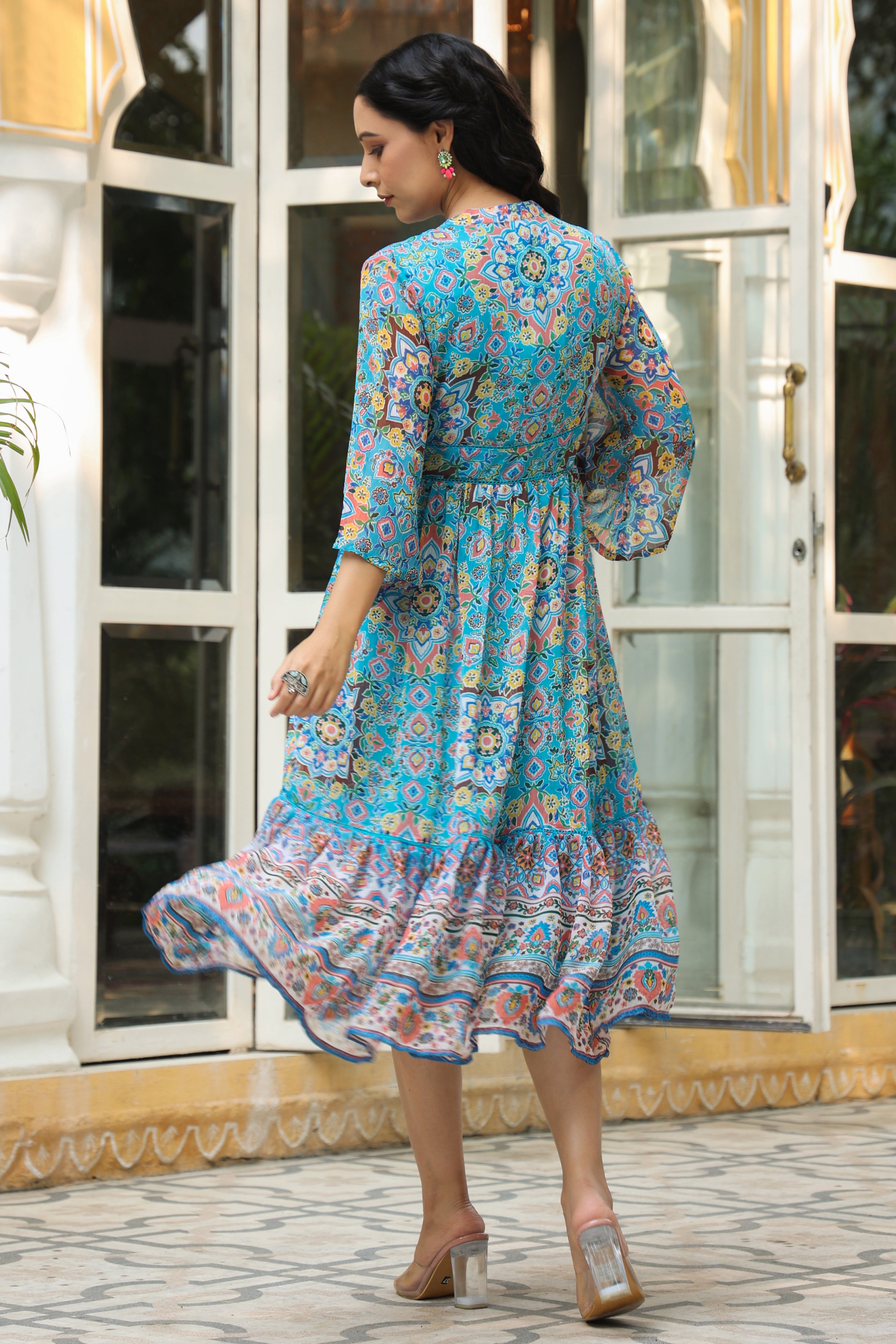 Women's Aqua Blue Chiffon Printed Tiered Maxi Dress