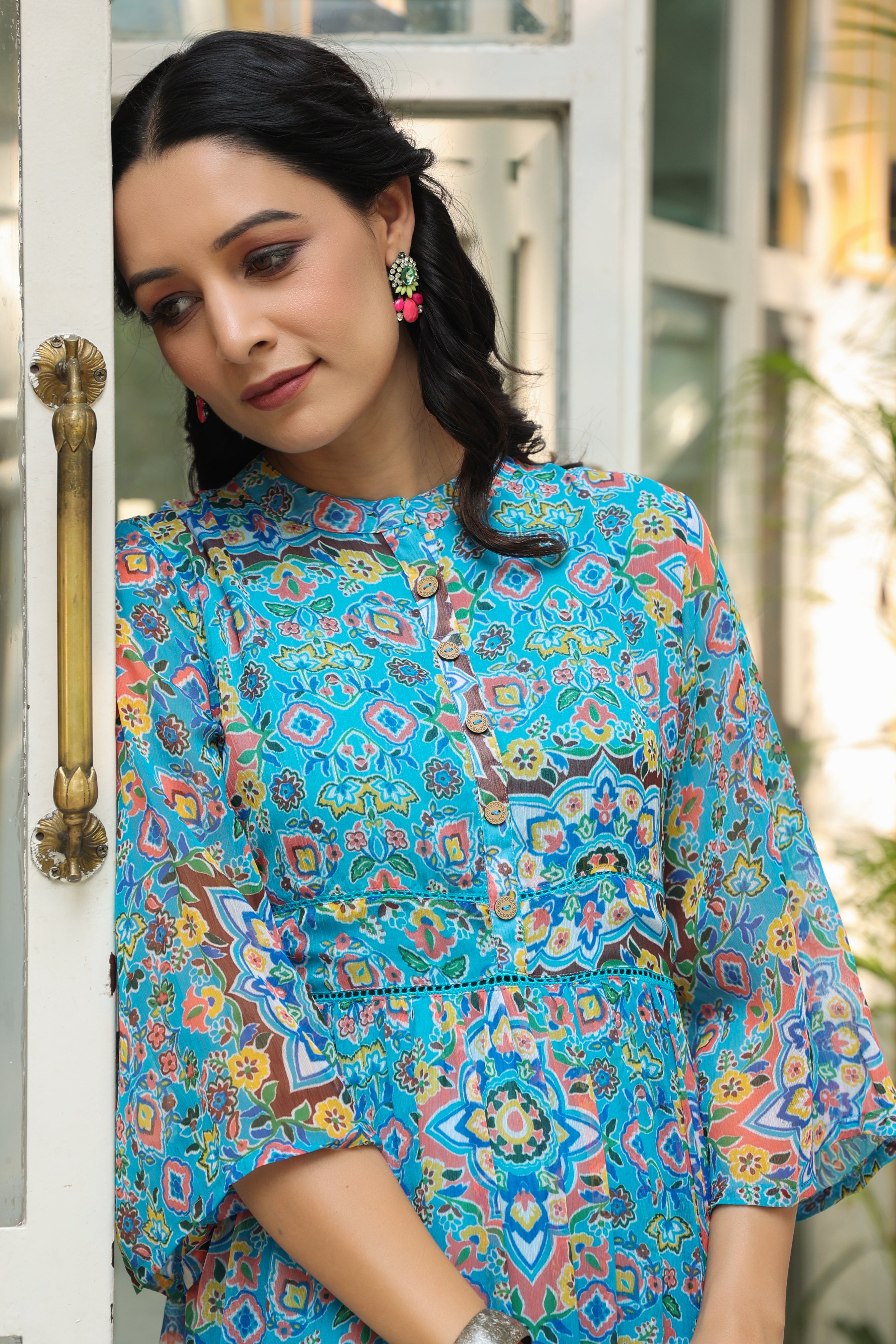 aqua printed chiffon maxi dress Juniper-Aqua-Blue-Geometric-Printed-Chiffon-Tiered-Maxi-Dress-With-Buttons