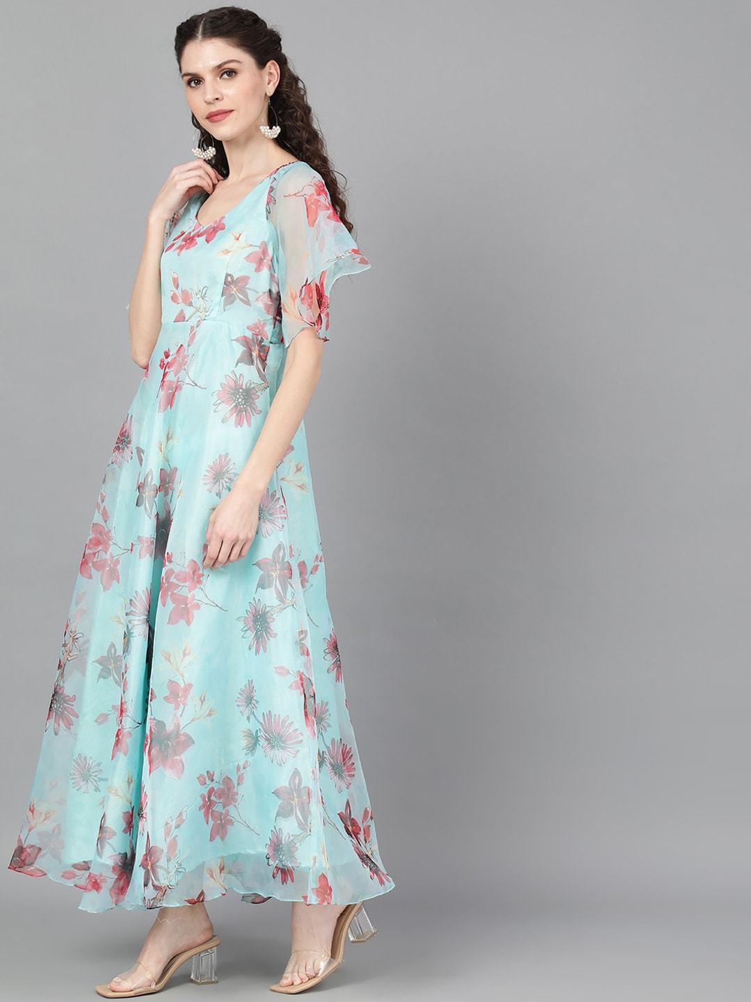 Women's  Turquoise Blue & Pink Floral Printed Maxi Dress - AKS