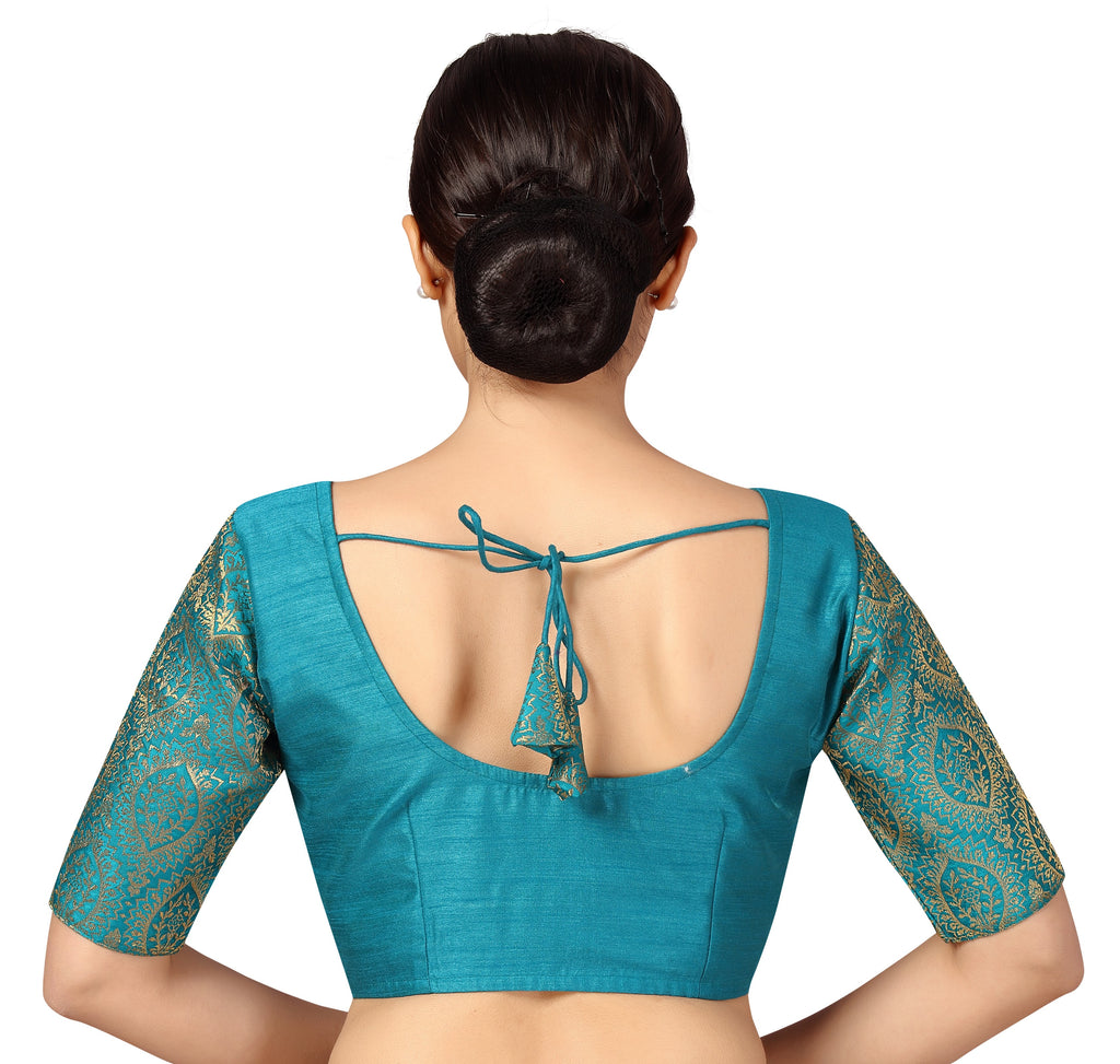 Women's s Elbow Length Sleeves Silky Saree Blouse with Brocade Sleeves.
