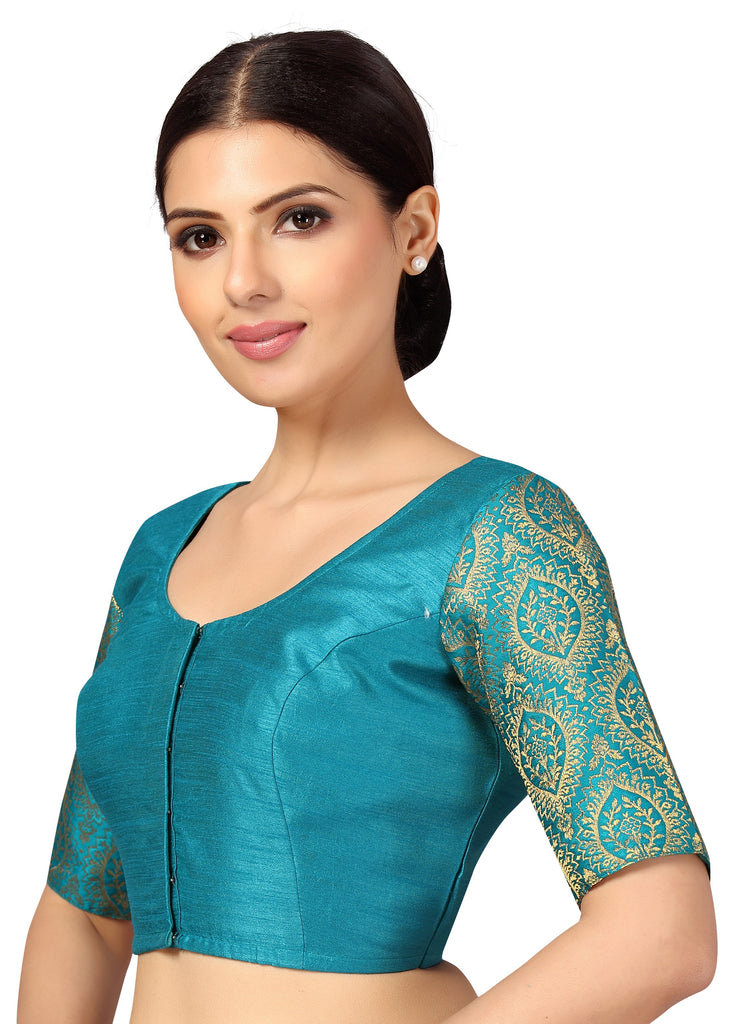 Women's s Elbow Length Sleeves Silky Saree Blouse with Brocade Sleeves.